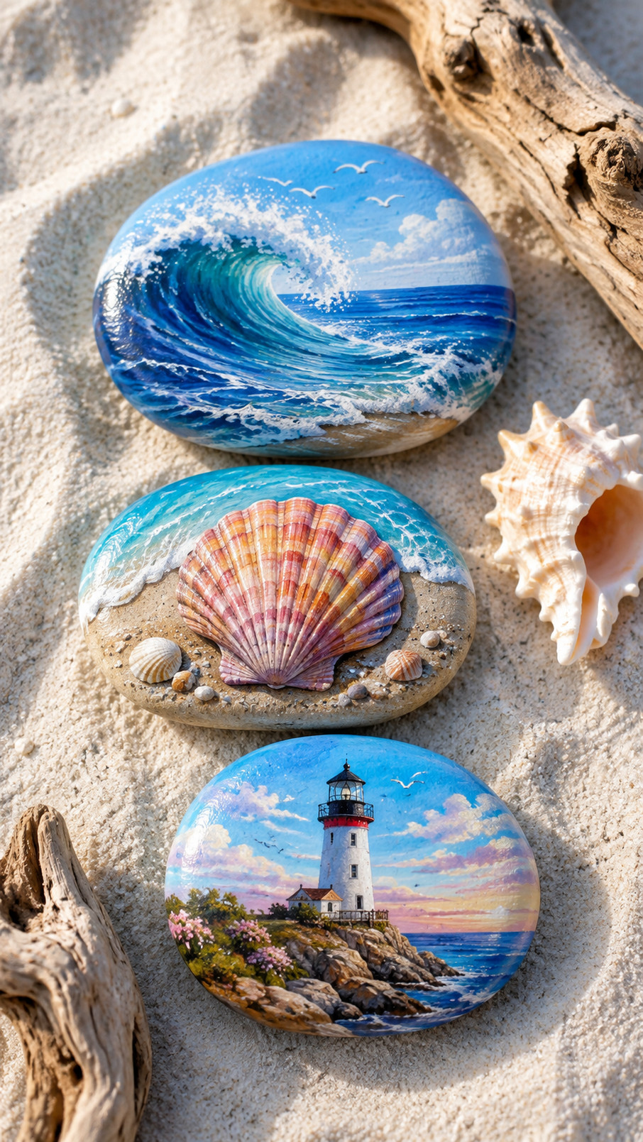 Painted ocean rock featuring a bright lighthouse with yellow windows, deep blue waves, and white sea foam.