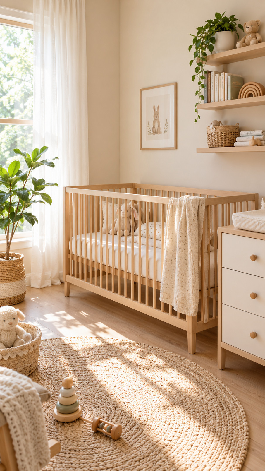 Minimalist nursery with a cream linen canopy above a crib, pale wood accents, soft natural light, and neutral decor.