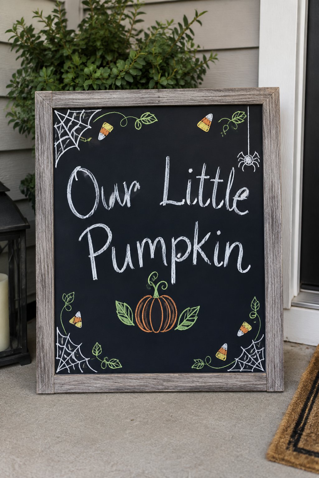 Little Pumpkin: a framed Halloween chalkboard sign reading "Our Little Pumpkin", hand-drawn in chalk with one small round pumpkin with a curly stem and two leaves.