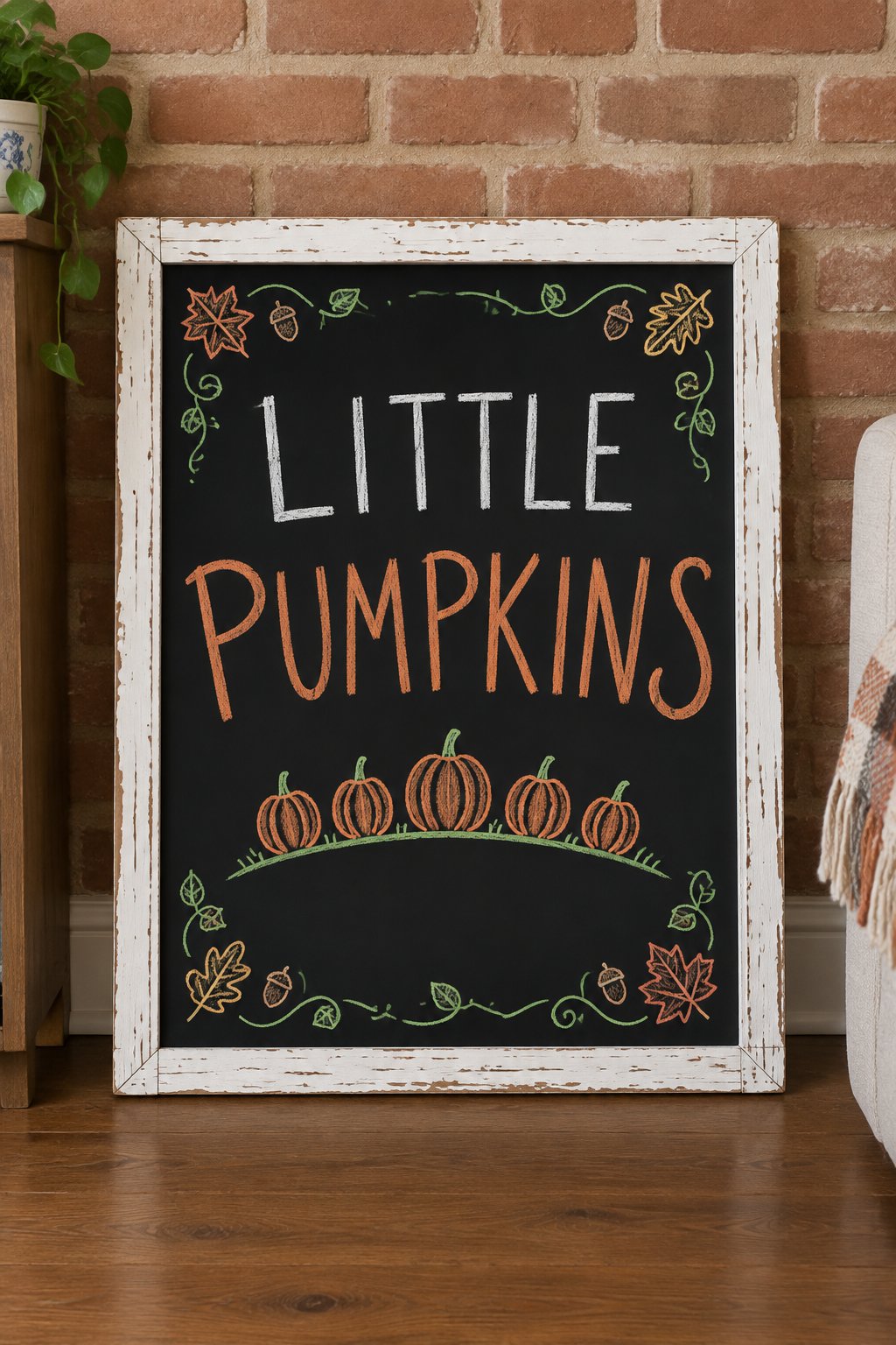 Little Pumpkin Patch: a framed fall chalkboard sign reading "Little Pumpkins", hand-drawn in chalk with a small hillside of five tiny pumpkins.
