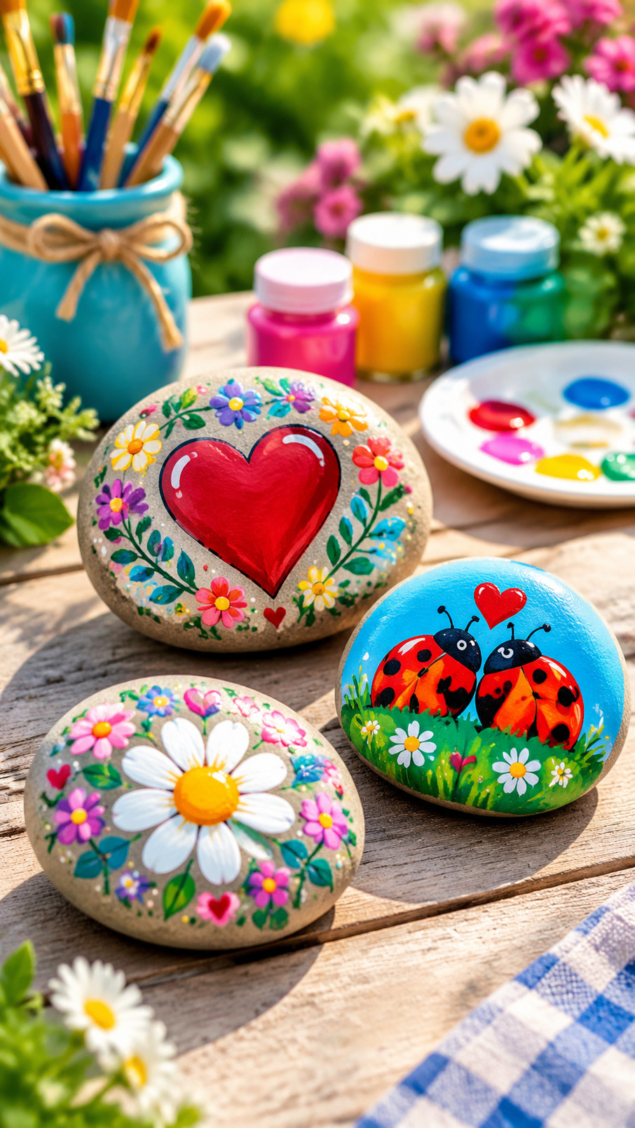 Photo of painted love letter rocks featuring heartfelt words, tiny hearts, and soft blush, cream, and berry colors.