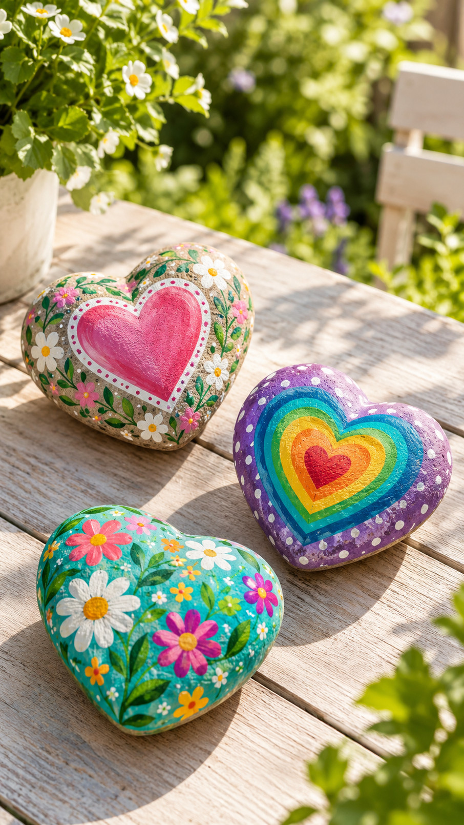 Painted heart-shaped rocks decorated like love notes with colorful accents and short cheerful messages.