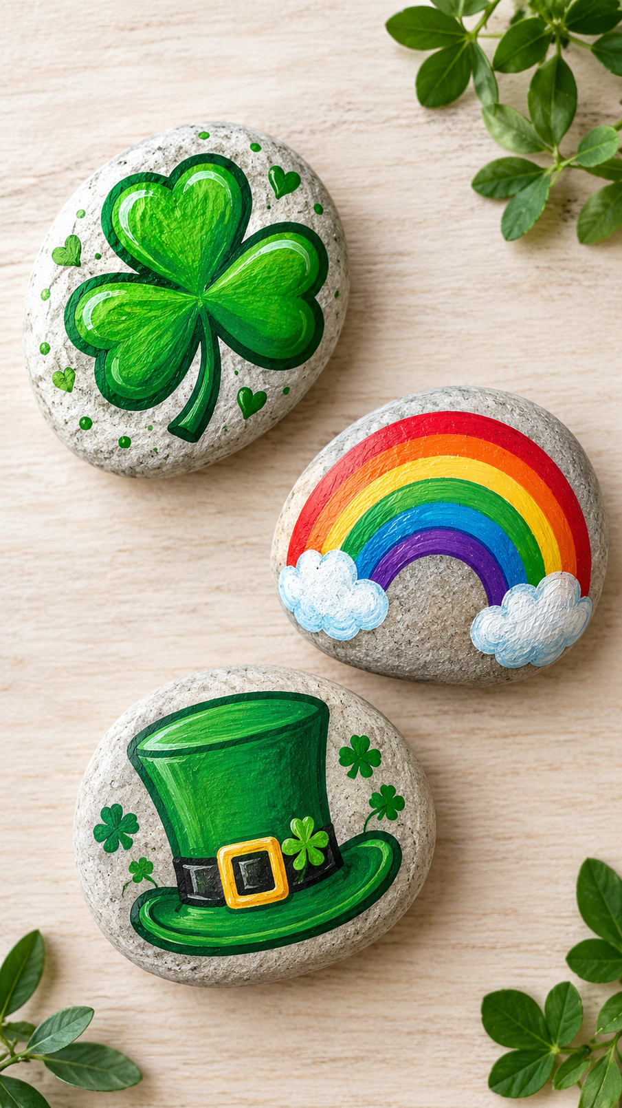 A smooth painted rock featuring a colorful rainbow arch, tiny white clouds, and gold accents for St. Patrick’s Day.