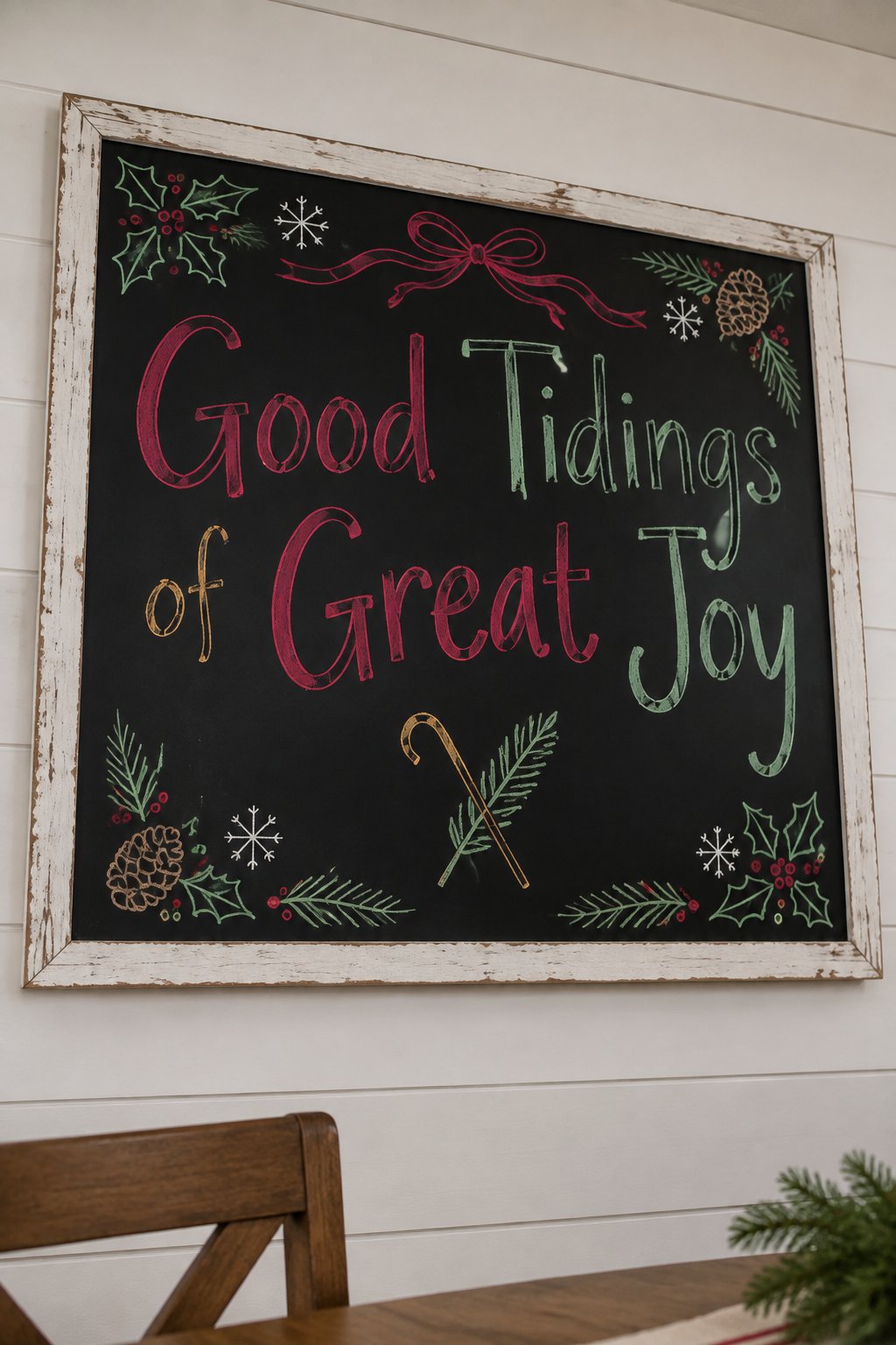 Luke 2 Good Tidings: a framed chalkboard sign showing "Good Tidings of Great Joy", hand-drawn in white, deep red, sage green and gold chalk, with a small shepherd's staff and a sprig of greenery cross