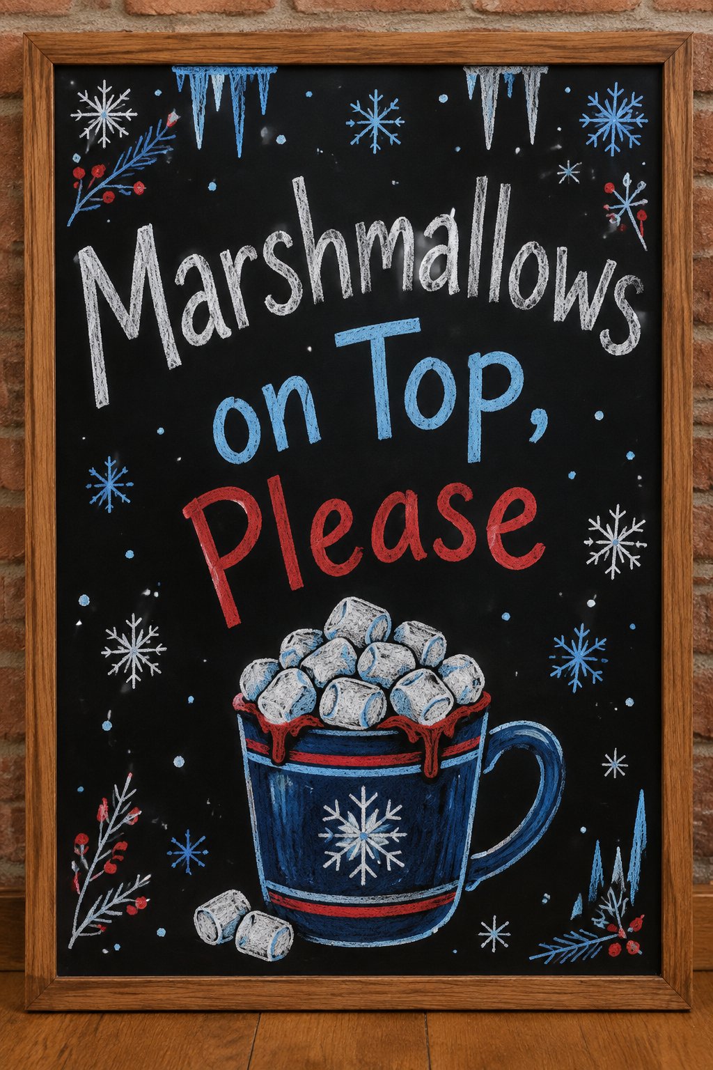 Marshmallow Mug Board: a framed winter chalkboard sign reading "Marshmallows on Top, Please", hand-drawn in chalk with one oversized mug overflowing with marshmallows.