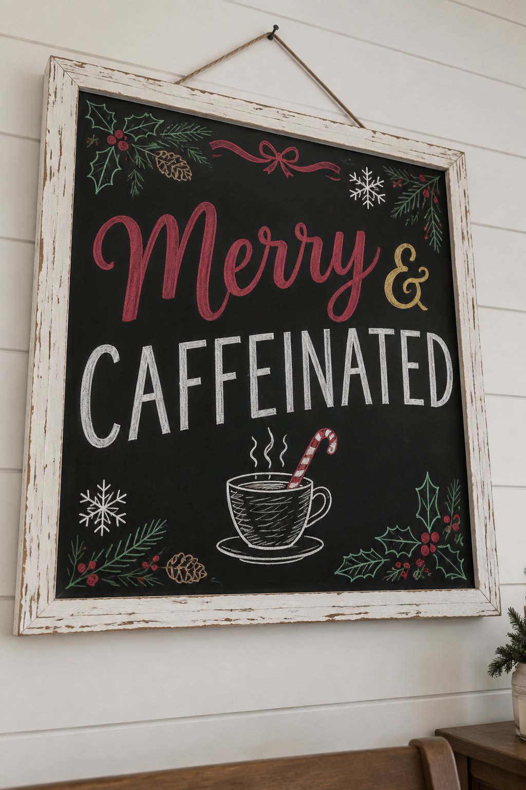 Merry and Caffeinated: a framed Christmas chalkboard sign reading "Merry & Caffeinated", hand-drawn in chalk with a coffee cup with a candy cane stirrer.