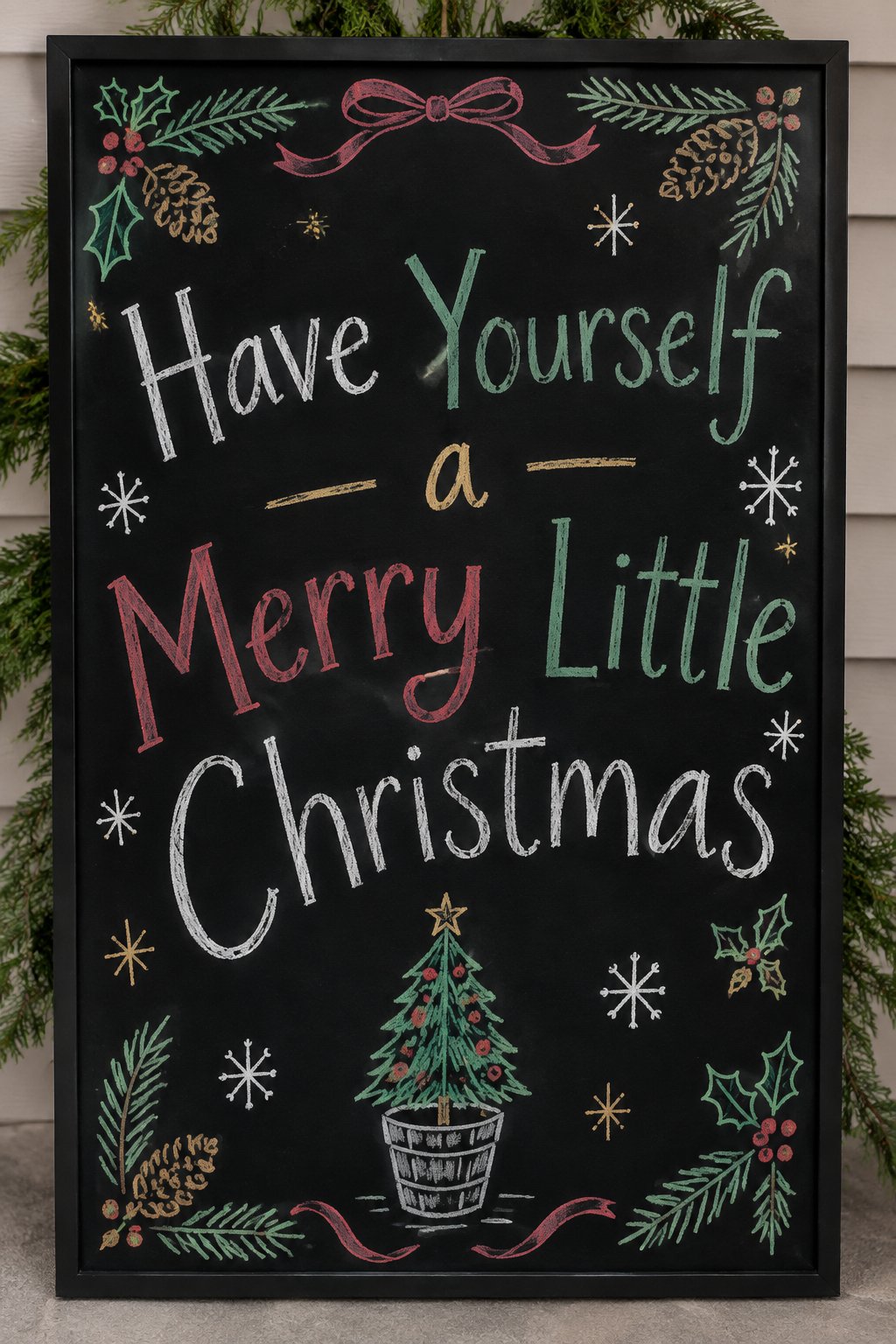 Merry Little Christmas: a framed chalkboard sign reading "Have Yourself a Merry Little Christmas", hand-drawn in chalk with a small tree in a bucket.