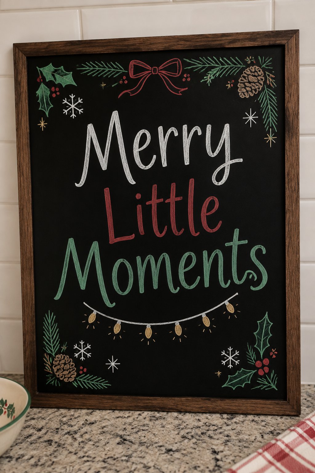 Merry Little Moments: a framed chalkboard sign showing "Merry Little Moments", hand-drawn in white, deep red, sage green and gold chalk, with a small strand of twinkle lights doodled beneath the words