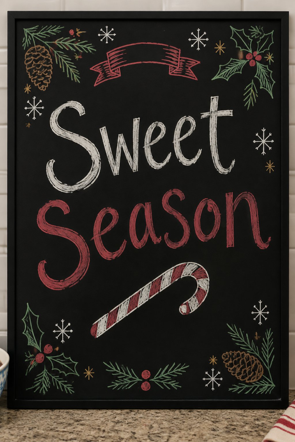 Mini Candy Cane Doodle: a framed chalkboard sign showing "Sweet Season", hand-drawn in white, deep red, sage green and gold chalk, with one candy cane drawn diagonally beneath the words.