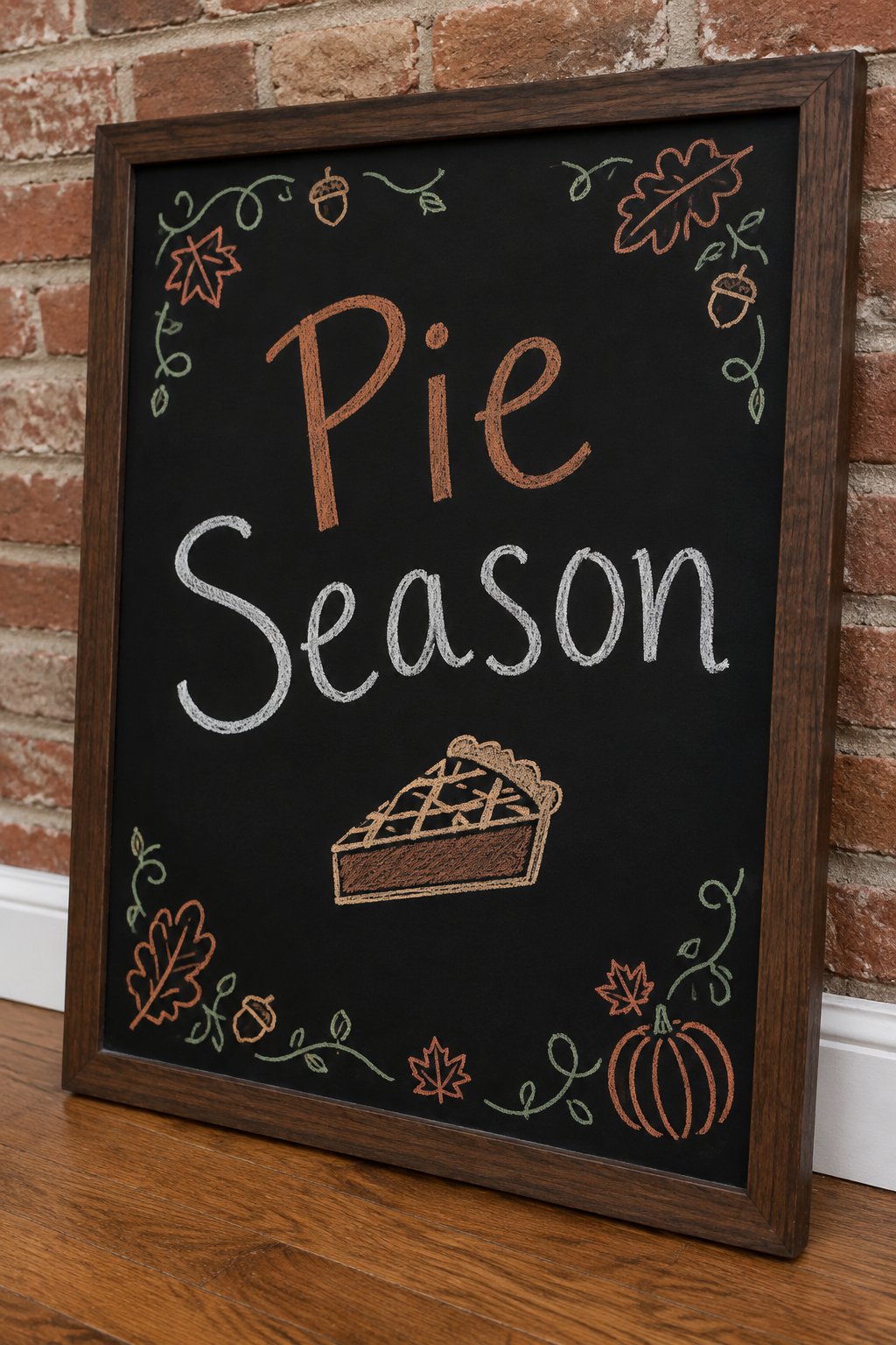 Mini Pie Doodle: a framed chalkboard sign showing "Pie Season", hand-drawn in fall chalk colors, with one small slice of pie with a simple criss-cross top.