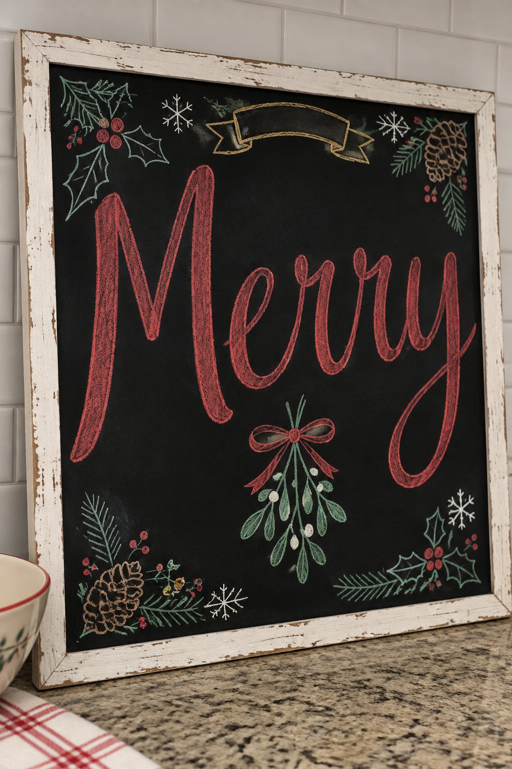Mistletoe Doorway: a framed Christmas chalkboard sign reading "Merry", hand-drawn in chalk with a single sprig of mistletoe tied with a bow.