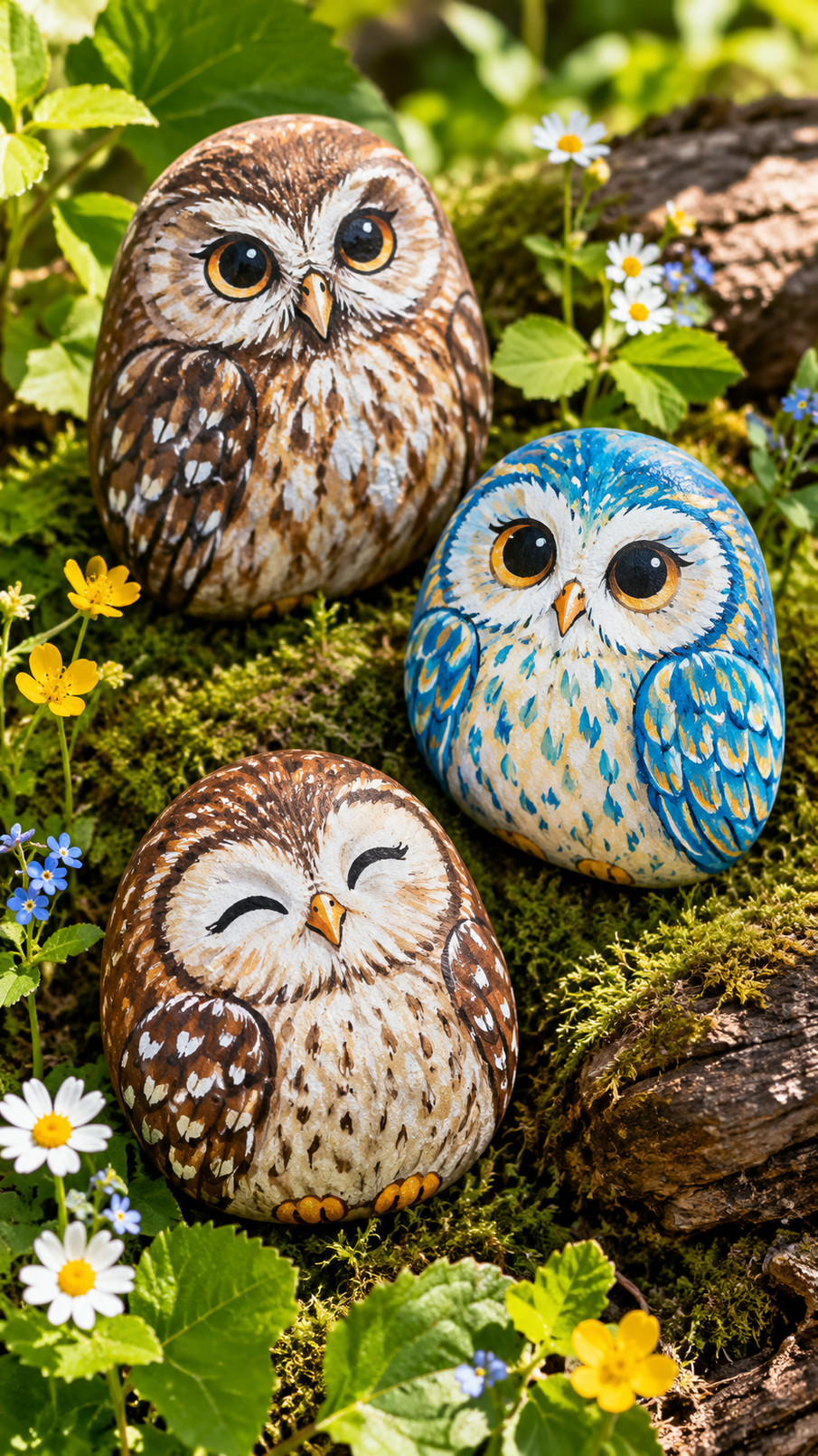A painted rock featuring a soft gray owl among green pine branches and tiny blue flowers.