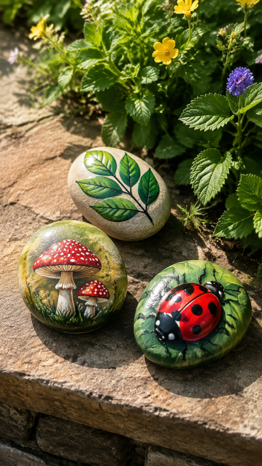 A painted rock featuring misty turquoise and cobalt ocean waves with white foam details on a garden surface.