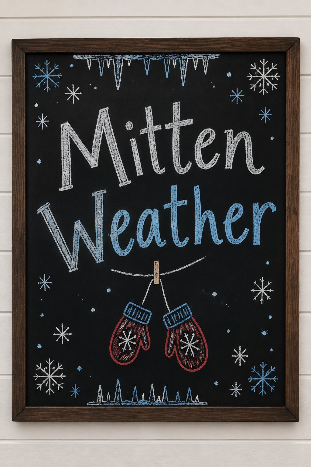 Mitten Weather Sign: a framed winter chalkboard sign reading "Mitten Weather", hand-drawn in chalk with one pair of mittens hanging from a small string with a clothespin.