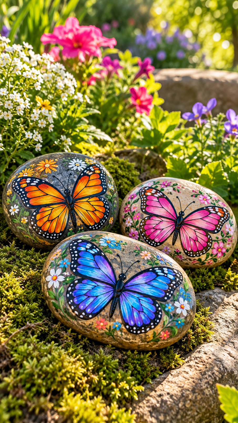 Photo of a monarch butterfly painted rock with orange and black wings, white spots, and a smooth stone surface in a garden setting.