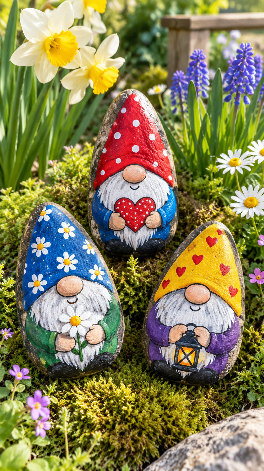 A hand-painted moonlit garden gnome rock with a navy hat, lavender accents, crescent moon, and tiny stars in a spring planter.