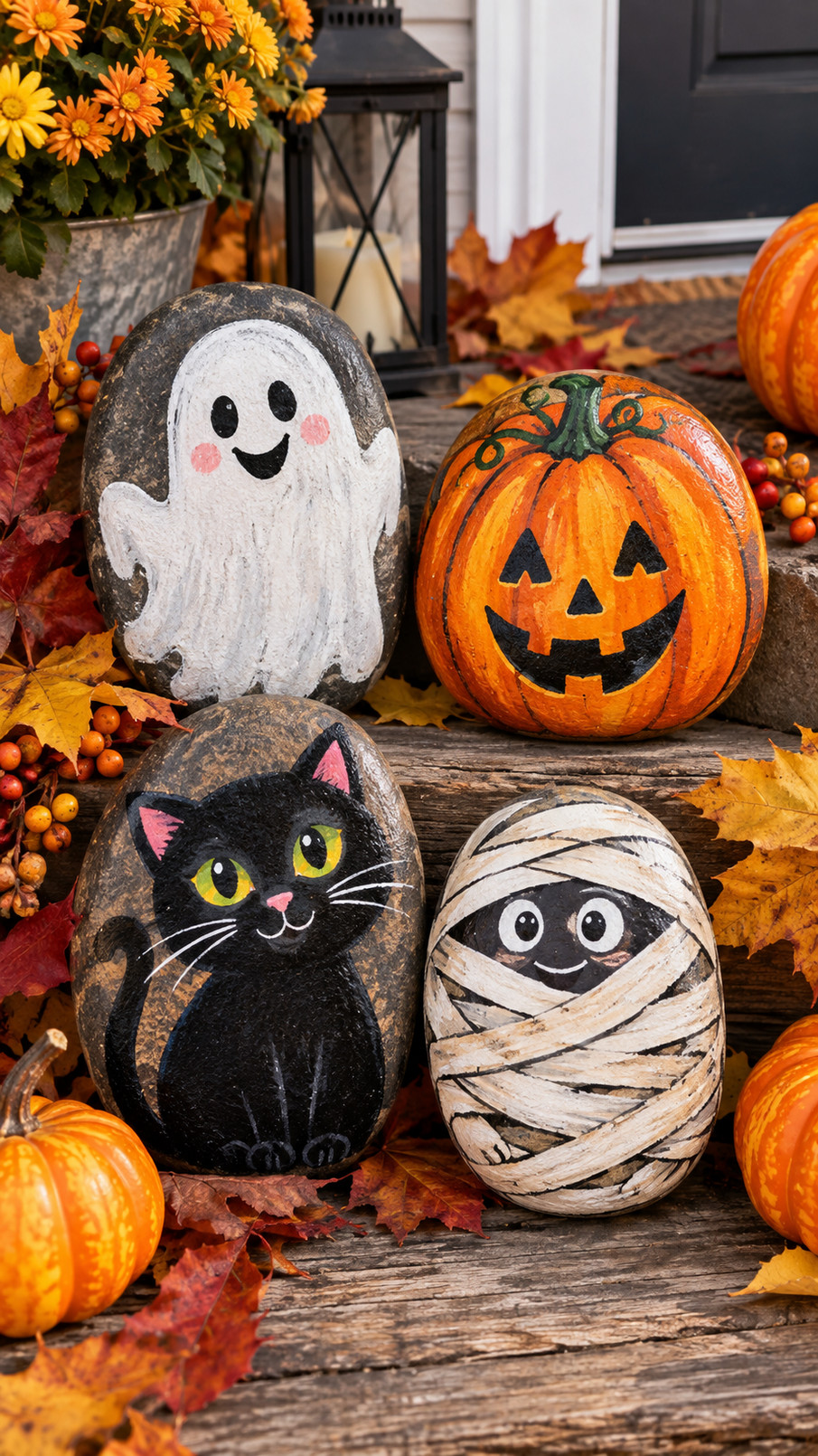 A Halloween painted rock showing dark gravestones, a glowing full moon, and tiny bats against a deep navy sky.
