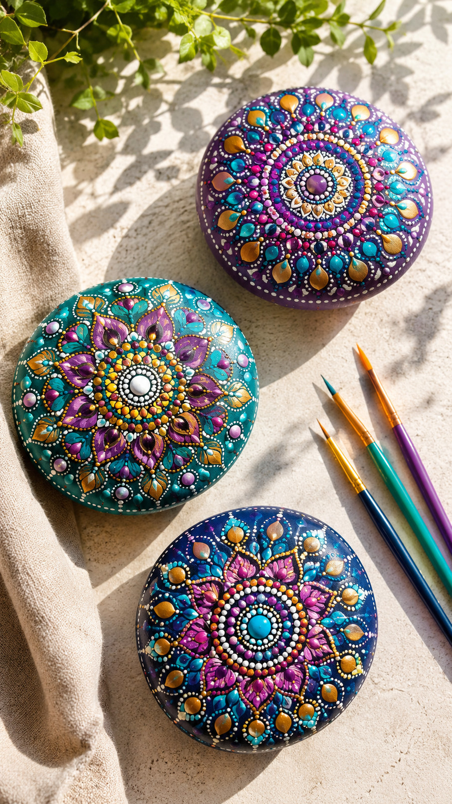 A moonlit lotus mandala painted rock with lavender, aqua, pearl-white, and silver petal details.