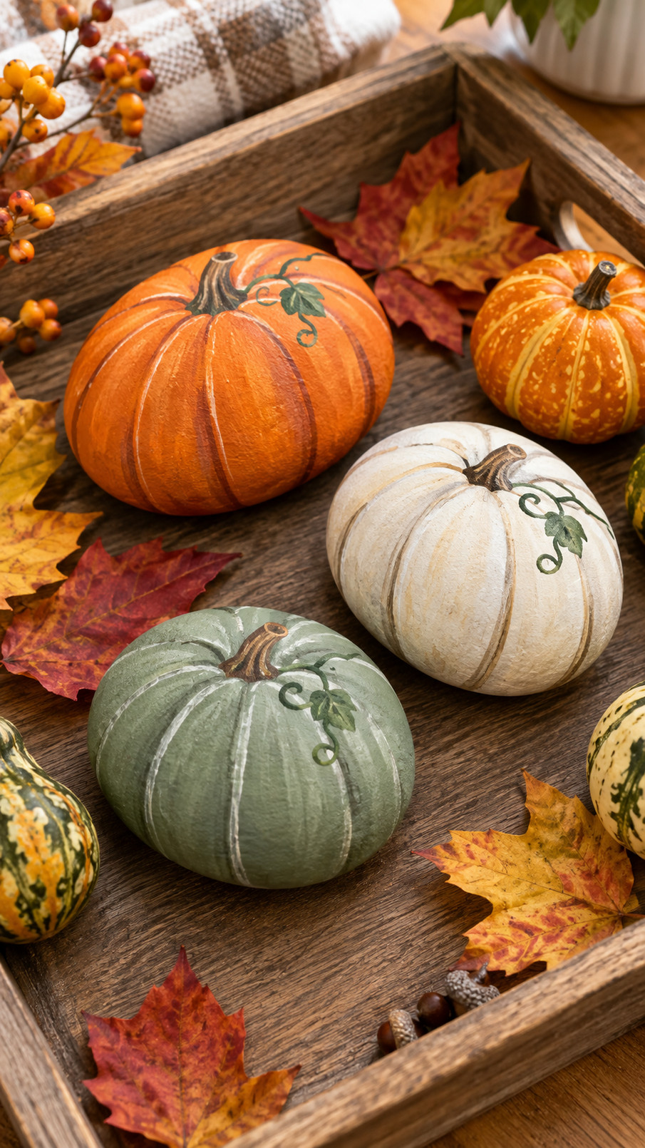 A moonlit pumpkin-painted rock features an orange pumpkin, deep navy background, and tiny golden stars for magical fall decor.