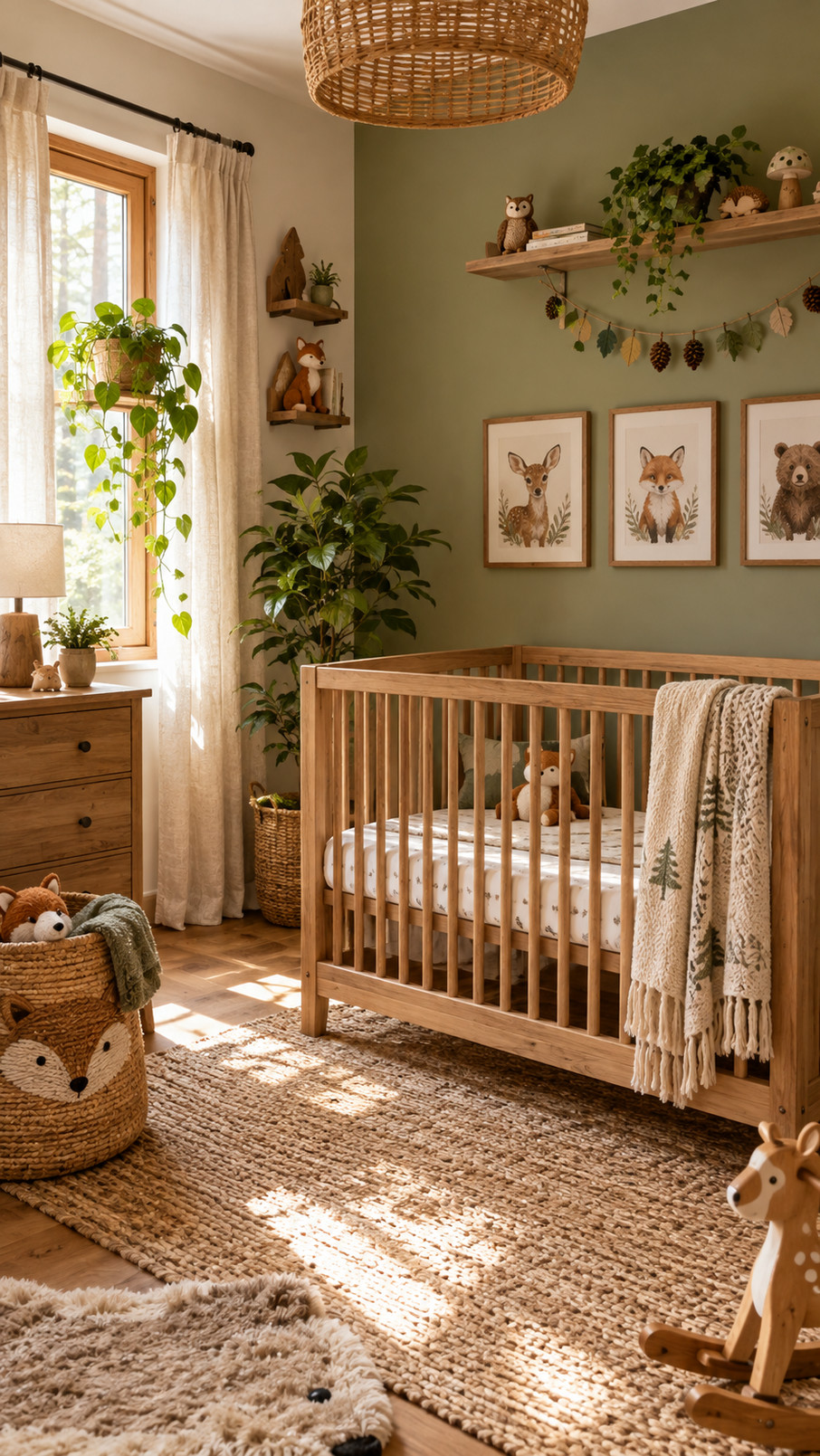 Mossy woodland wall art with earthy green and brown forest details displayed in a rustic nursery.