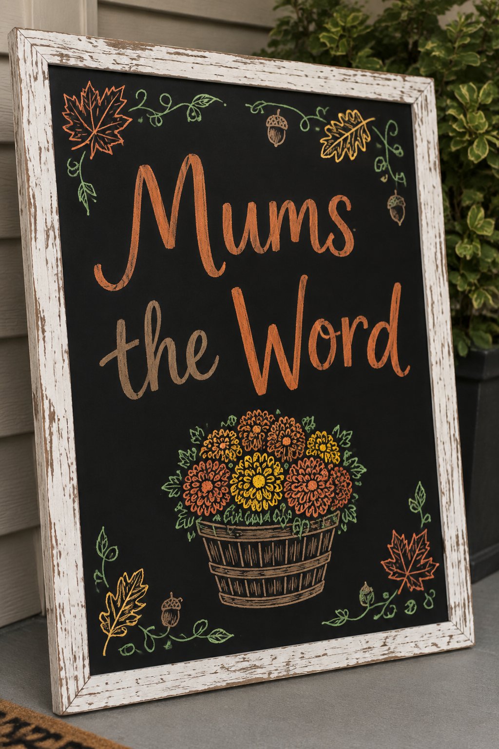 Mum Basket Board: a framed fall chalkboard sign reading "Mums the Word", hand-drawn in chalk with a basket overflowing with round mum blooms.