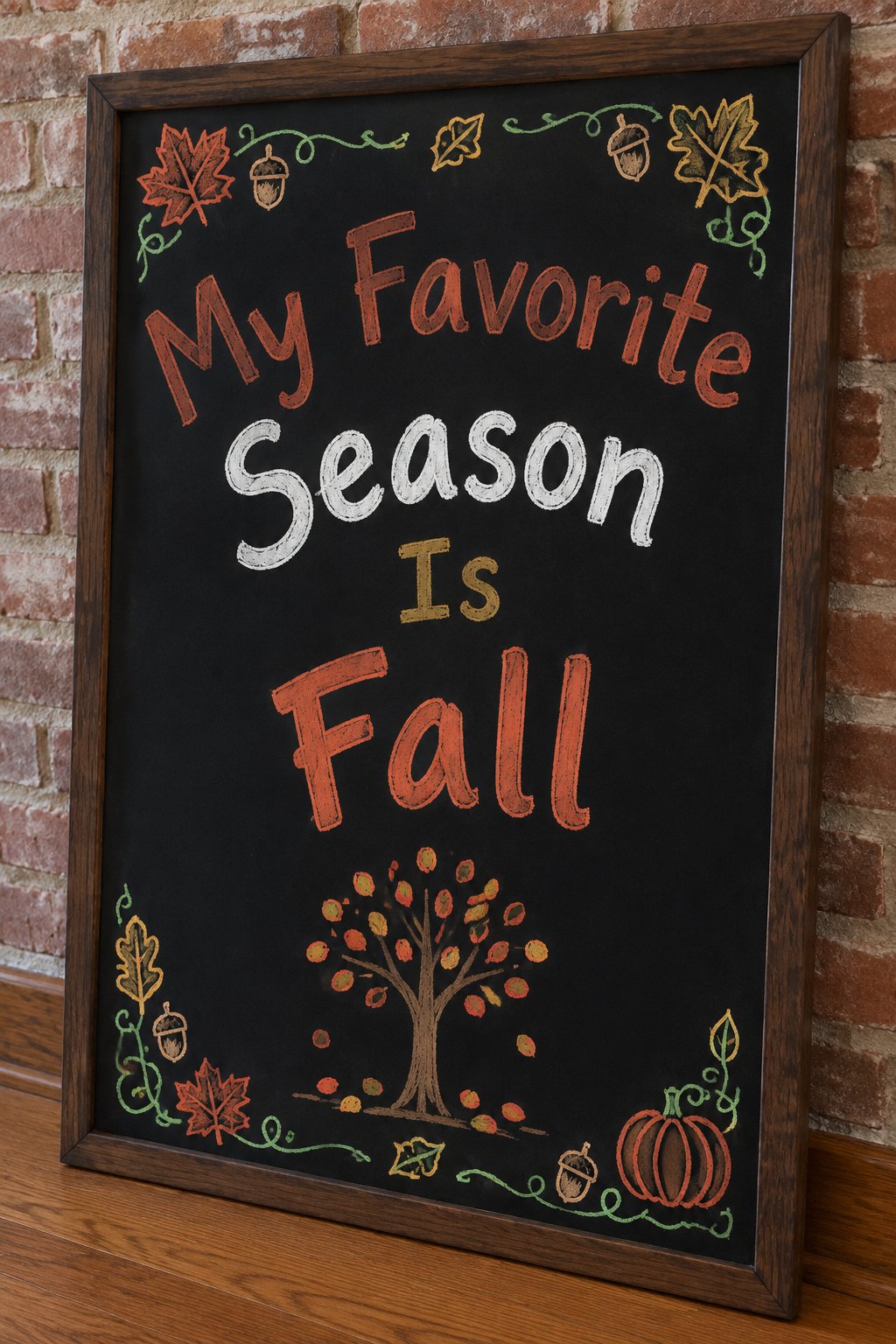 My Favorite Season Board: a framed fall chalkboard sign reading "My Favorite Season Is Fall", hand-drawn in chalk with a child-style tree with round scattered leaves.