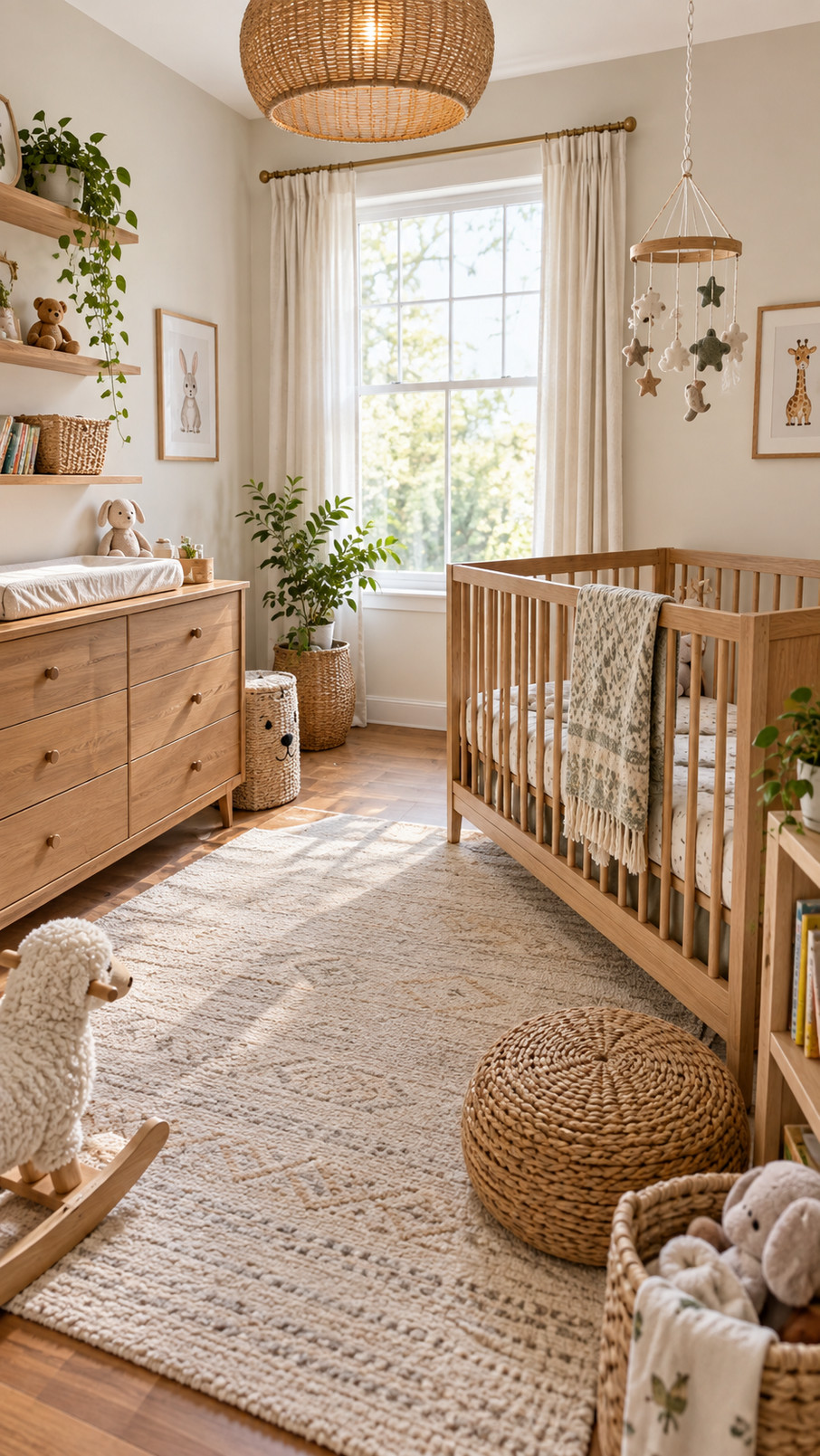 Modern nursery featuring natural wood accents, including a wooden shelf, toys, and picture frames styled with soft neutral textiles.