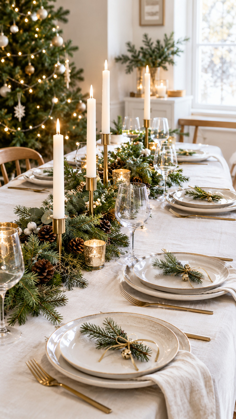 Natural wood chargers beneath white dinnerware and linen napkins on a minimalist Christmas dining table with soft candlelight.