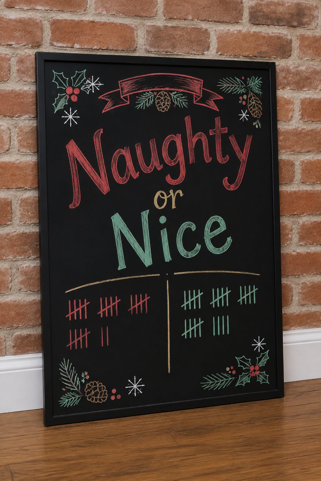 Naughty or Nice Scoreboard: a framed chalkboard sign reading "Naughty or Nice", hand-drawn in chalk with two columns with tally marks under each.