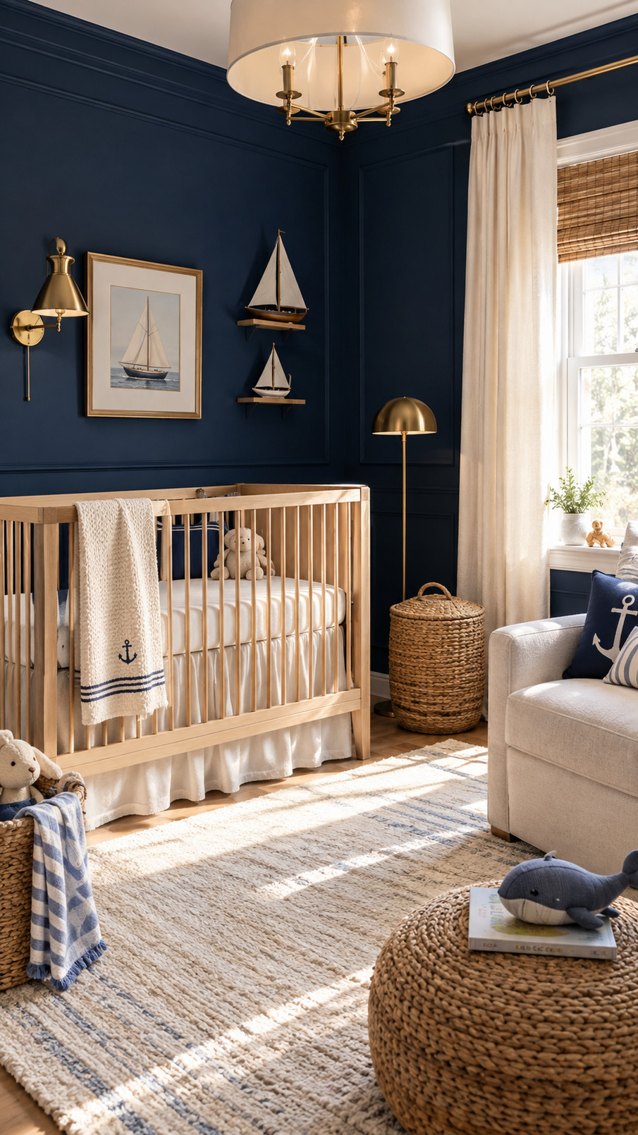Navy anchor artwork with white nautical details hangs in a navy nursery above a dresser.