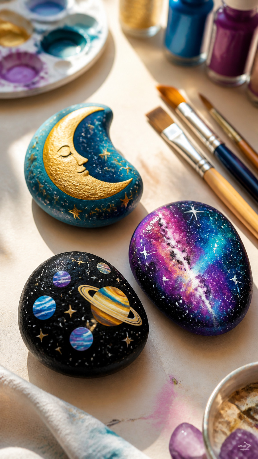 A painted rock featuring a glowing lighthouse beneath teal, violet, and rose nebula clouds, surrounded by tiny stars.