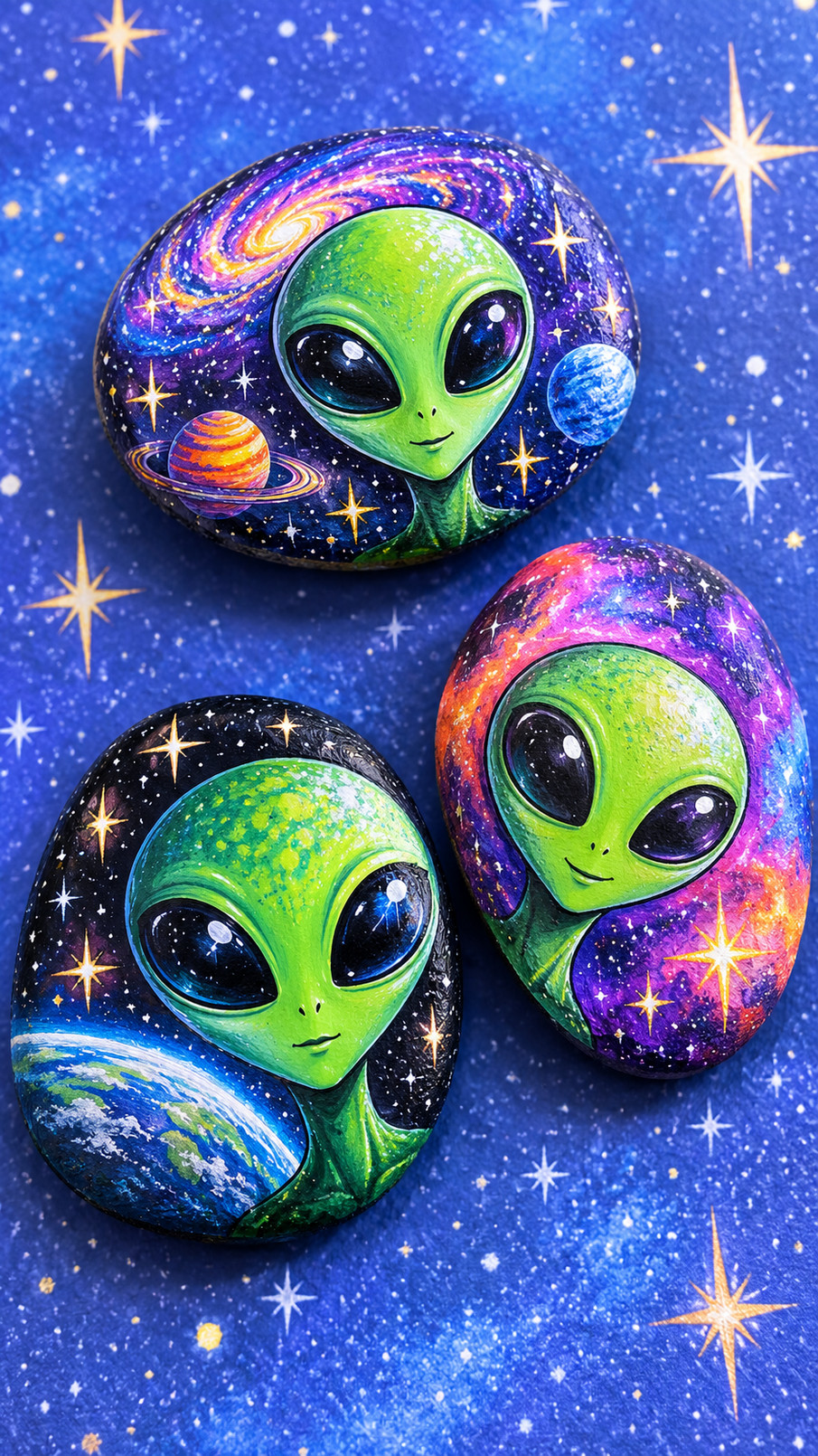 Painted rock featuring a cheerful alien with oversized sparkling eyes surrounded by pink, purple, and blue nebula swirls.