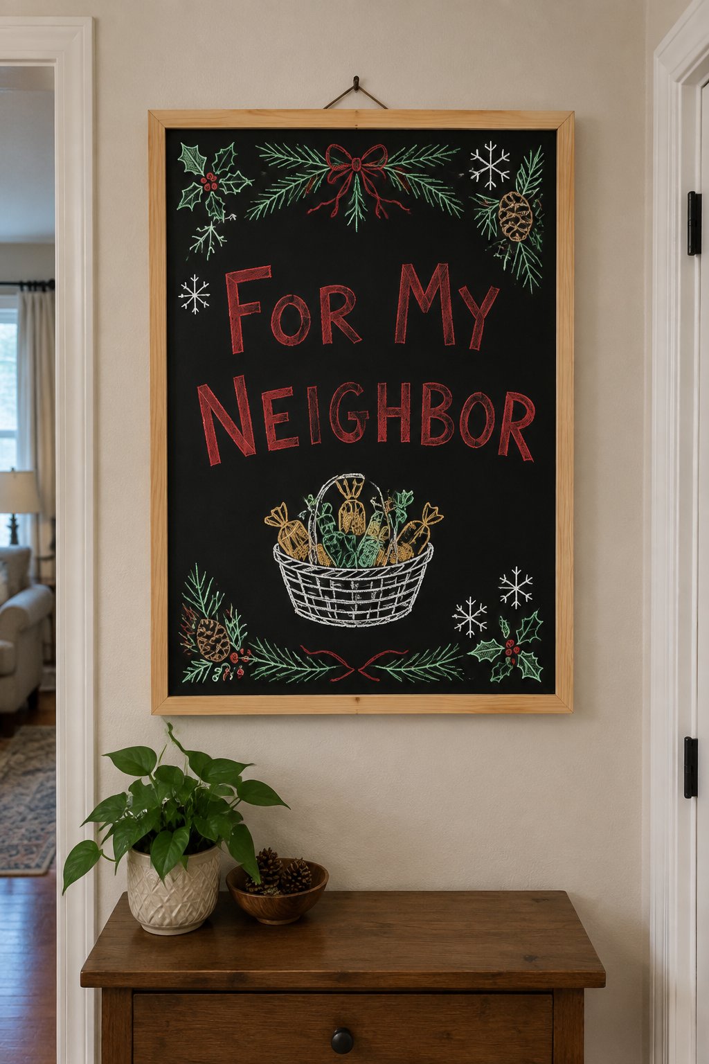 Neighbor Gift Board: a framed December chalkboard sign reading "For My Neighbor", hand-drawn in chalk with a small basket filled with wrapped treats.