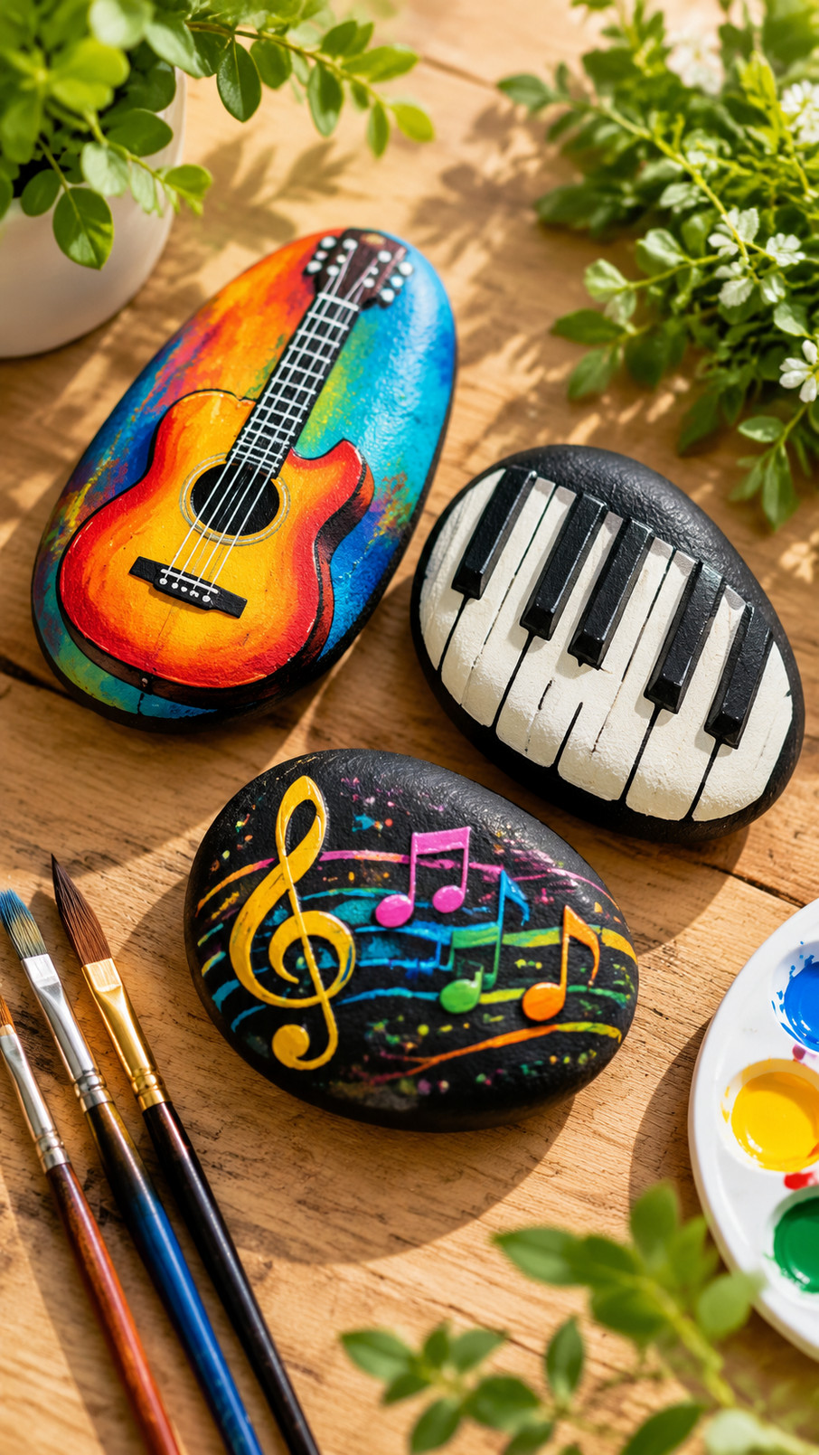 A painted music rock featuring a bright yellow saxophone, turquoise music notes, and white stars on a deep navy background.