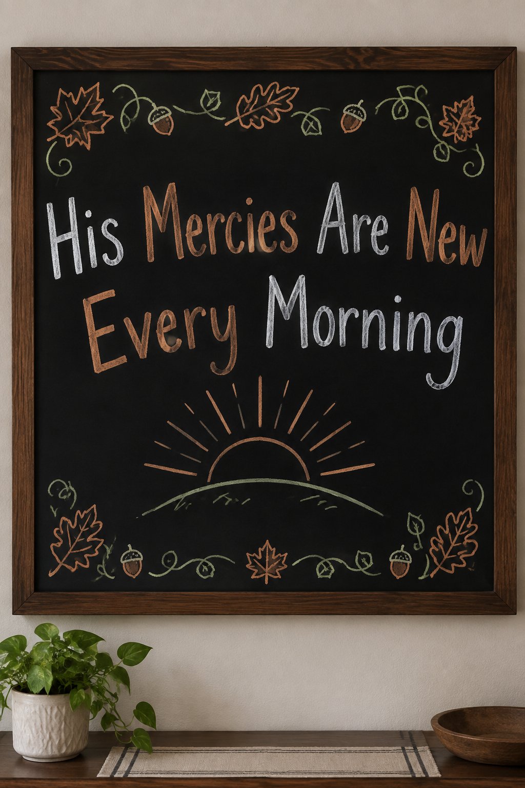 New Every Morning Board: a framed fall chalkboard sign reading "His Mercies Are New Every Morning", hand-drawn in chalk with a simple sunrise of rays over a small hill.