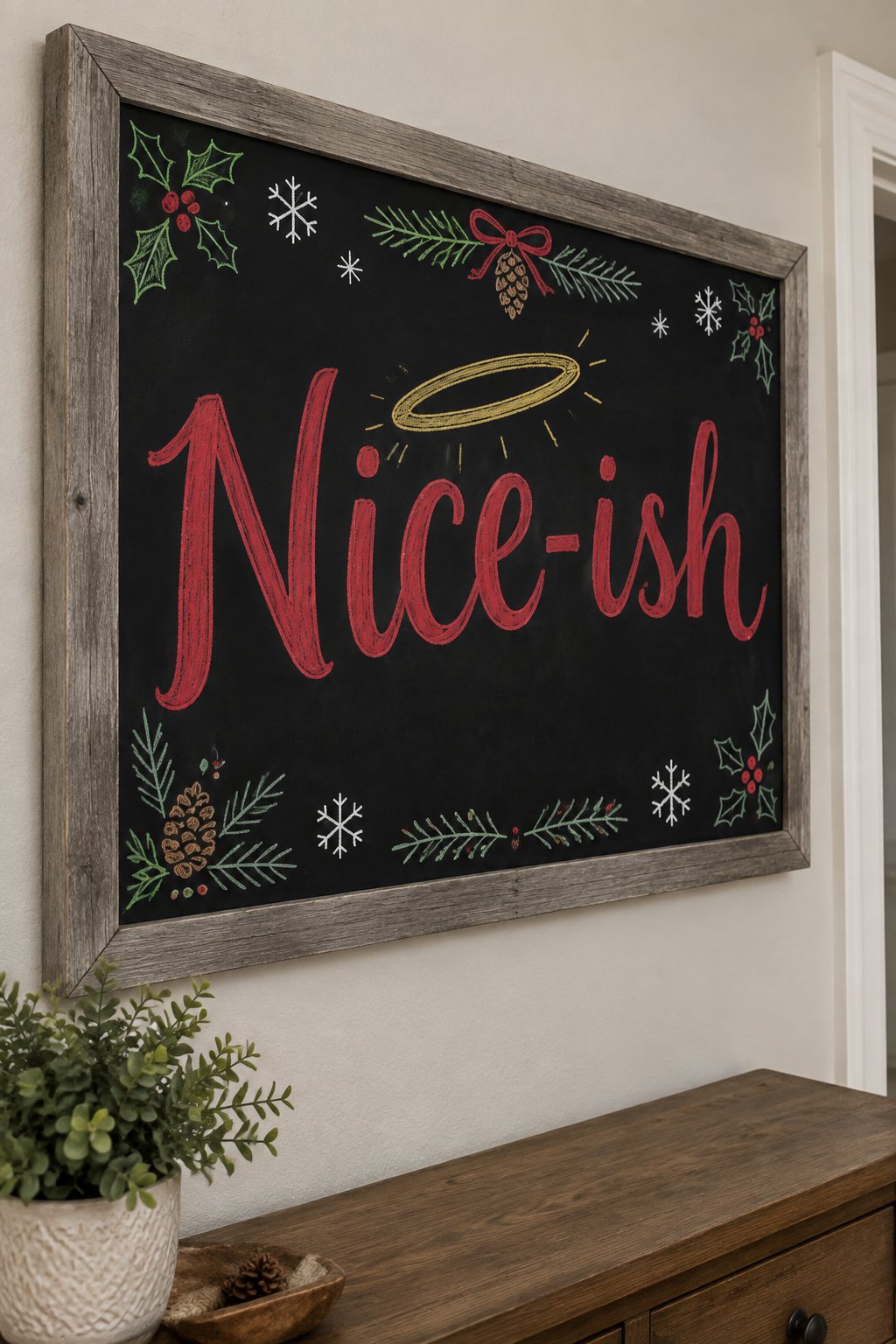 Nice-ish: a framed Christmas chalkboard sign reading "Nice-ish", hand-drawn in chalk with a tilted halo above the word.