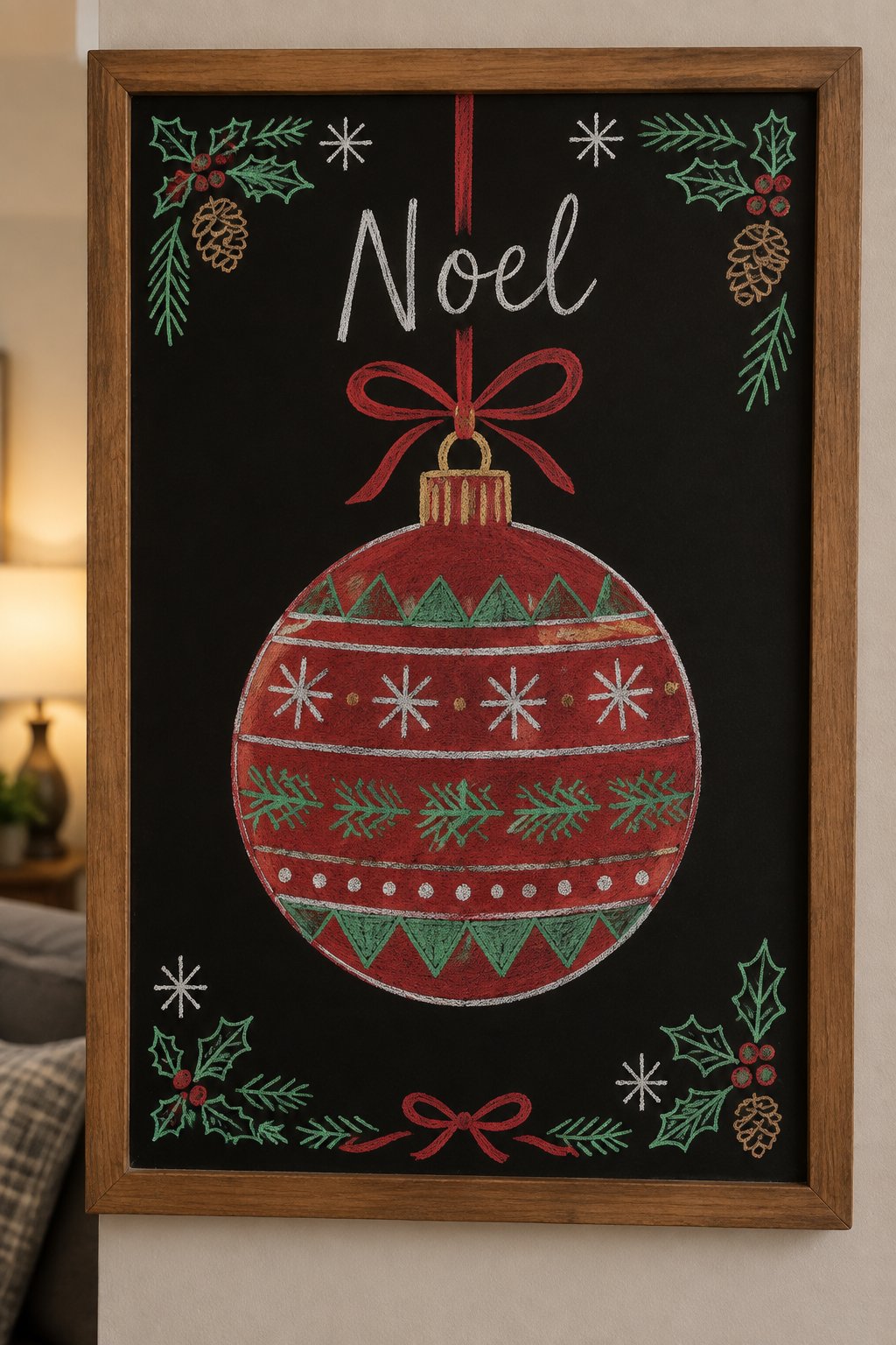 Noel Ornament: a framed Christmas chalkboard sign reading "Noel", hand-drawn in chalk with one big round ornament hanging from a ribbon.