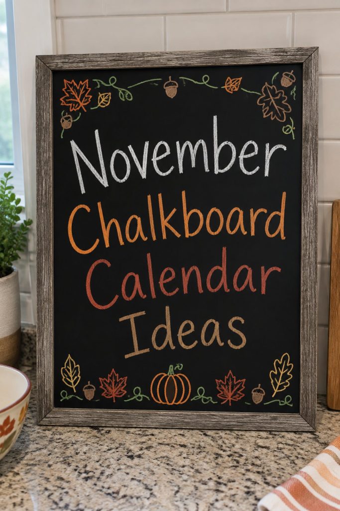 A framed chalkboard sign reading "November Chalkboard Calendar Ideas", hand-drawn in fall chalk colors.