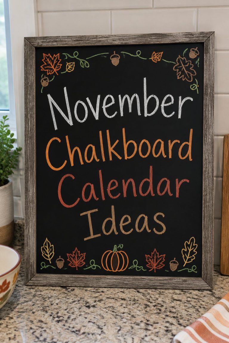 A framed chalkboard sign reading "November Chalkboard Calendar Ideas", hand-drawn in fall chalk colors.