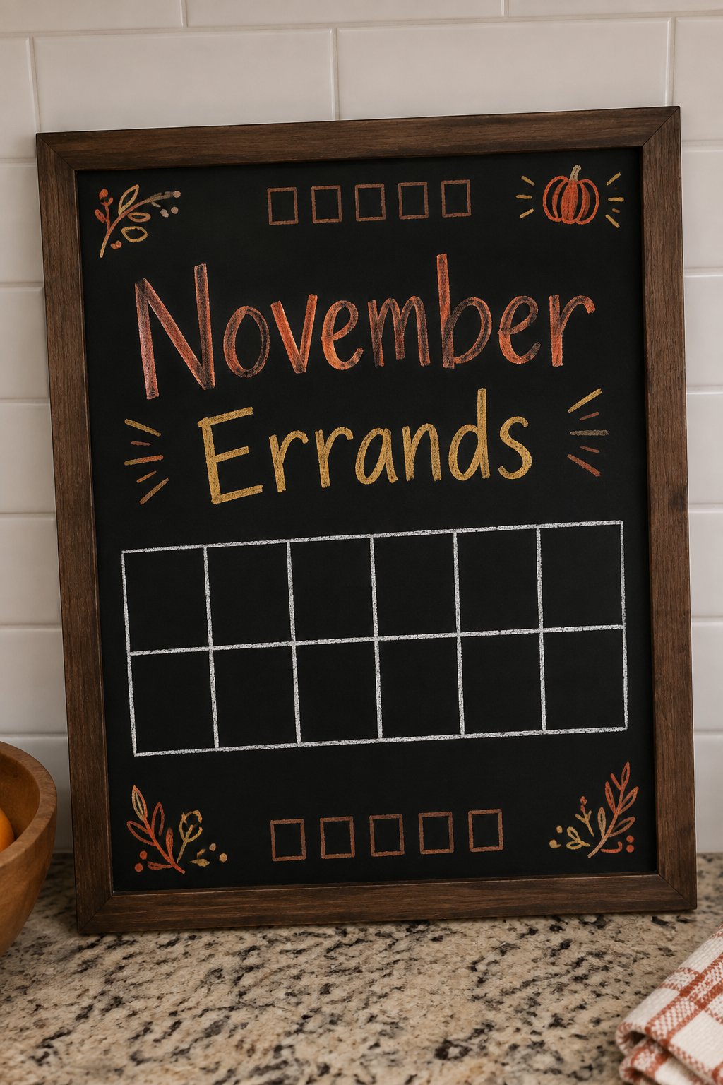 November Errands Board: a framed chalkboard sign showing "November Errands", hand-drawn in fall chalk colors, with a short row of five empty boxes with a tiny pumpkin doodle at the end.