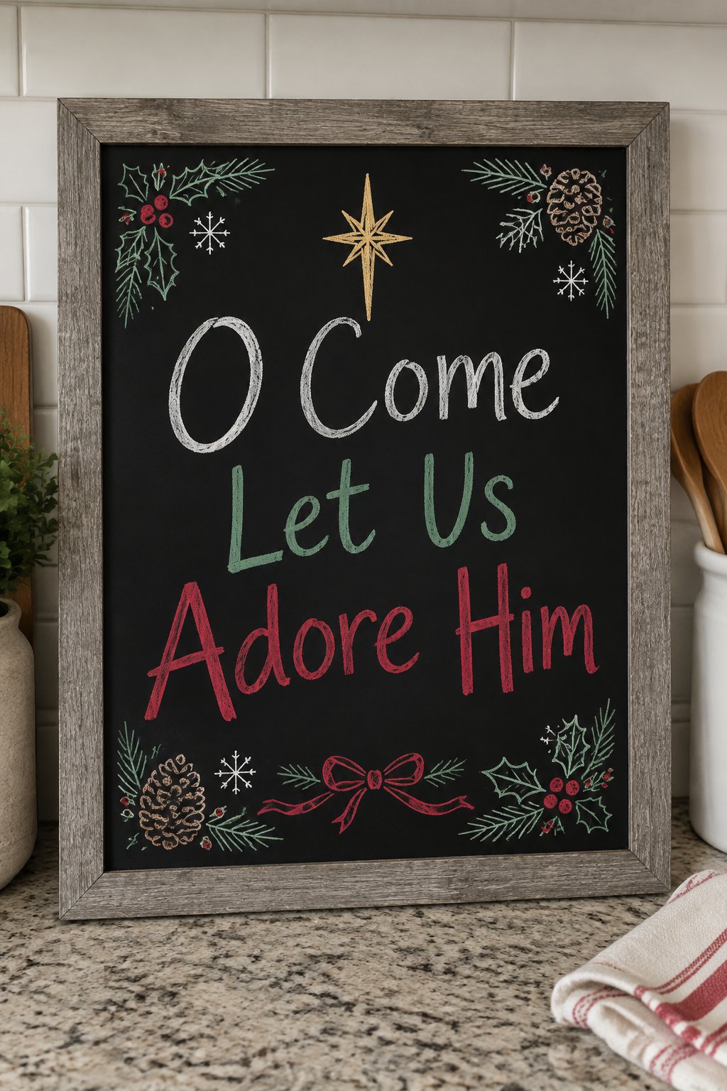O Come Let Us Adore Him: a framed chalkboard sign showing "O Come Let Us Adore Him", hand-drawn in white, deep red, sage green and gold chalk, with a simple star of Bethlehem drawn above the words.