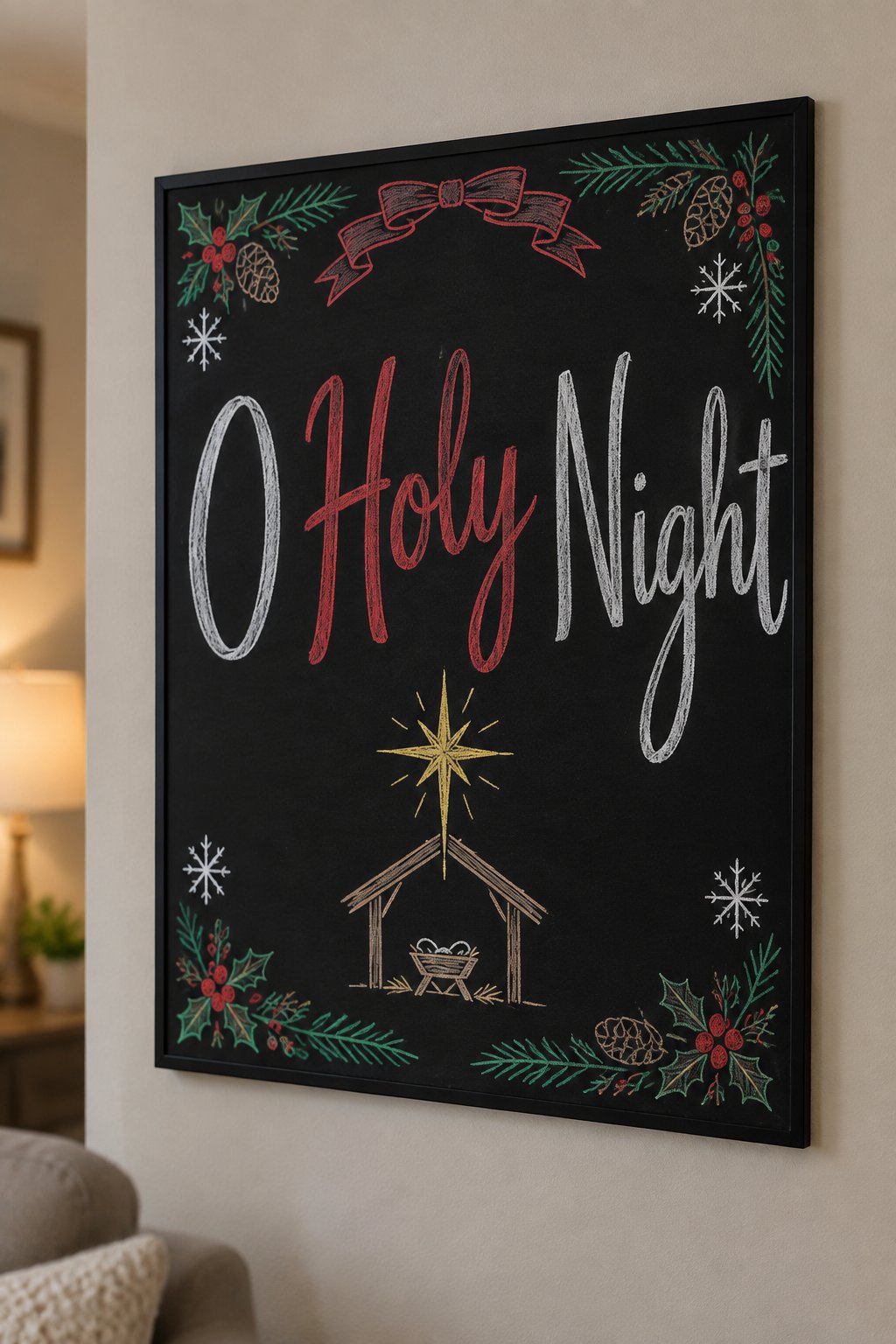 O Holy Night: a framed Christmas chalkboard sign reading "O Holy Night", hand-drawn in chalk with a bright star over a small stable.