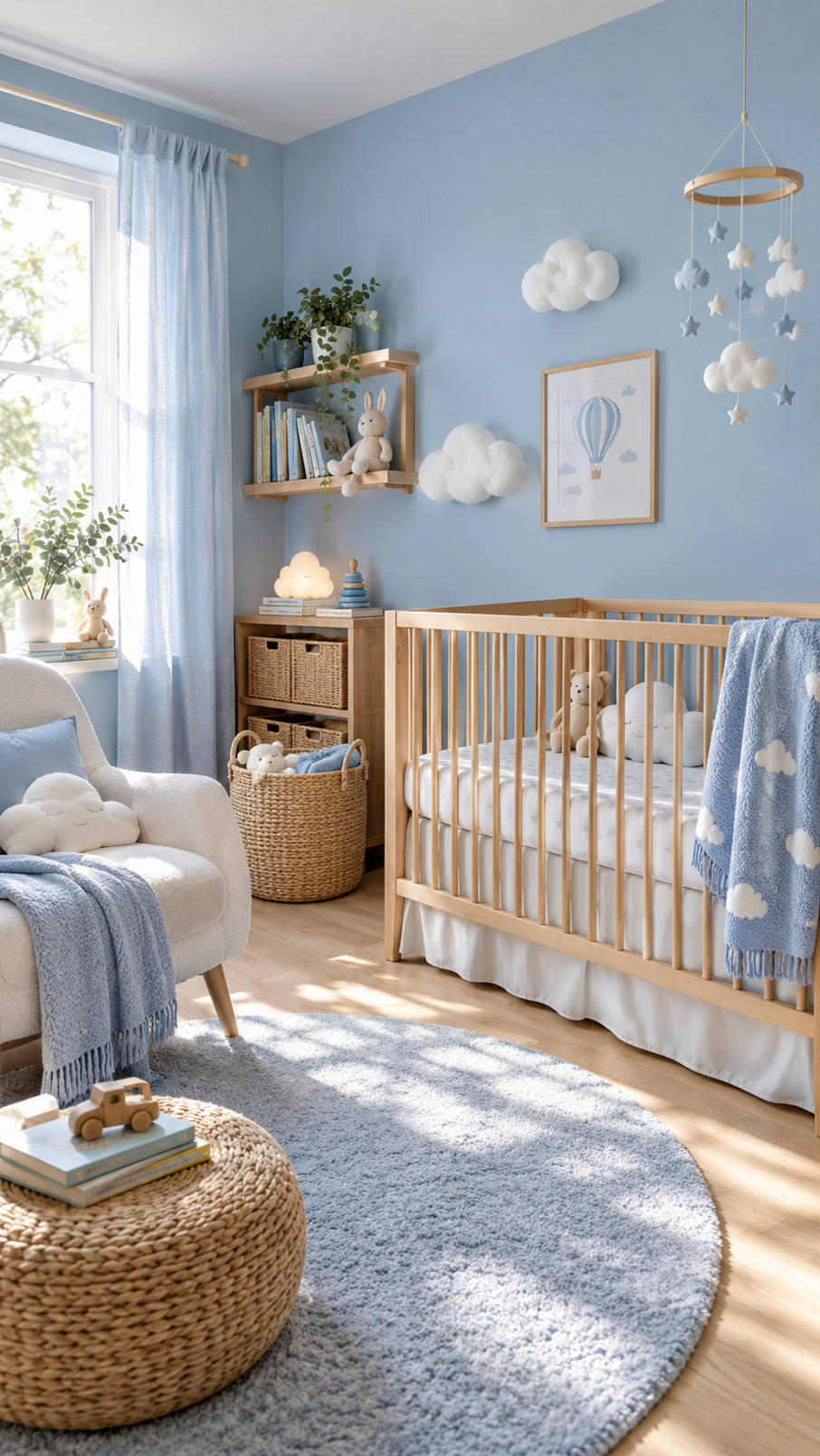 Ocean blue changing pad resting on a nursery changing table with white linens and pale wood accents.