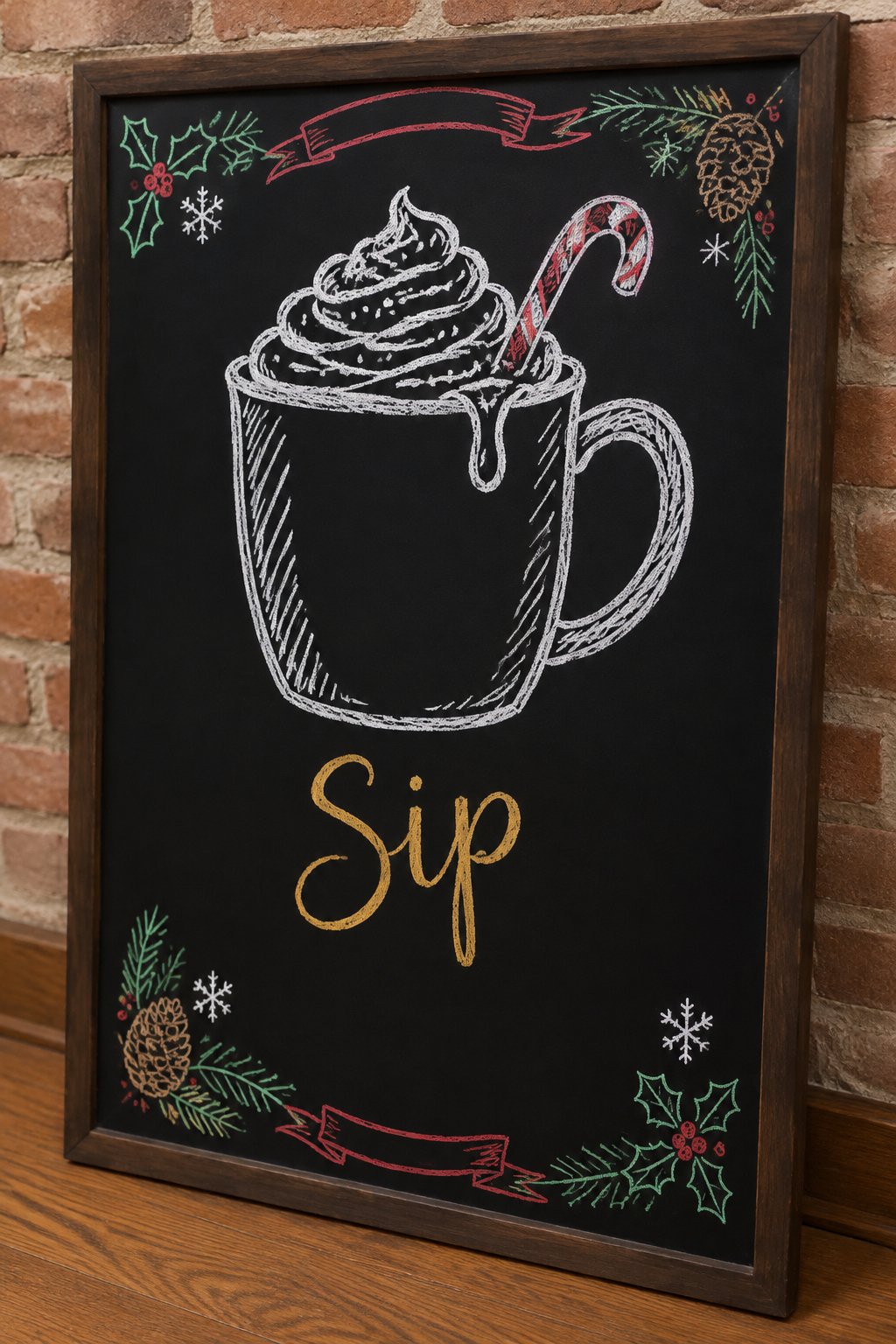 One Big Mug: a framed December chalkboard sign reading "Sip", hand-drawn in chalk with one large mug overflowing with whipped cream and a candy cane, bigger than the word.