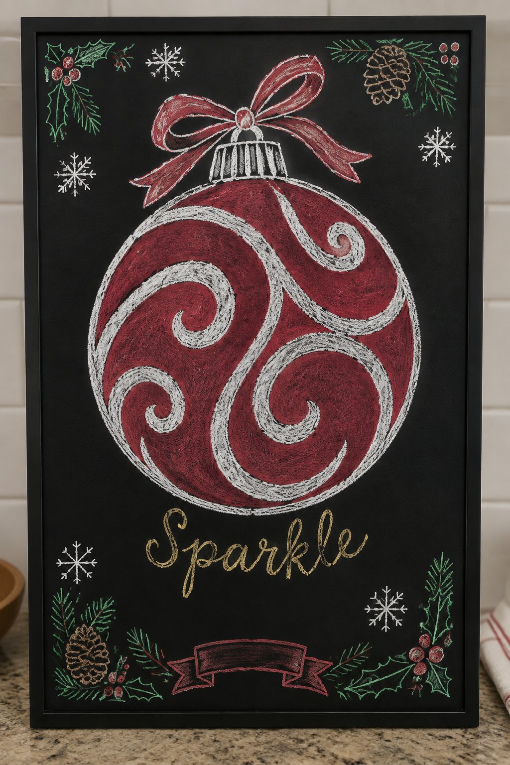 One Big Ornament: a framed December chalkboard sign reading "Sparkle", hand-drawn in chalk with one large round ornament with a swirled pattern and a bow on top, bigger than the word.