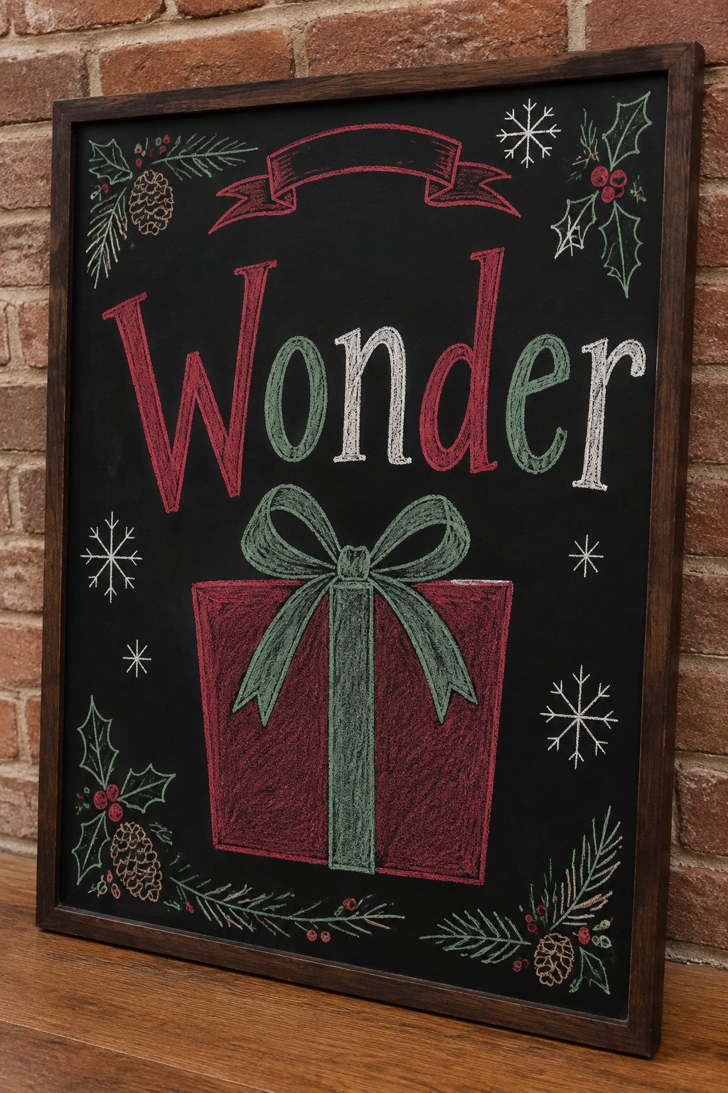 Wonder Gift Board: a framed chalkboard sign showing "Wonder" lettered large in red, green and white chalk, layered over a big red wrapped present with a green bow beneath it.