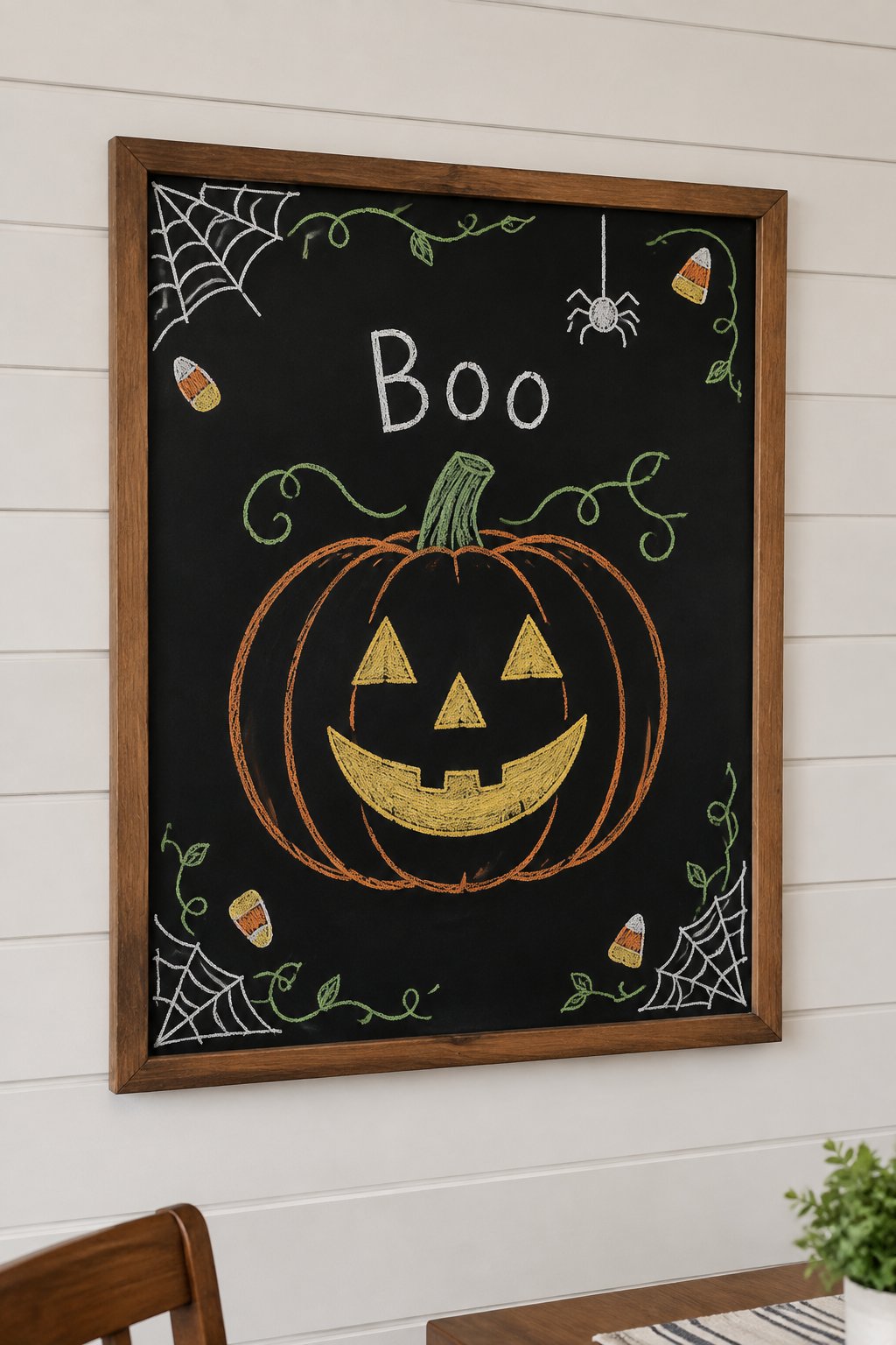 One Big Pumpkin: a framed Halloween chalkboard sign reading "Boo", hand-drawn in chalk with one large smiling jack-o'-lantern drawn in the center, bigger than the word.