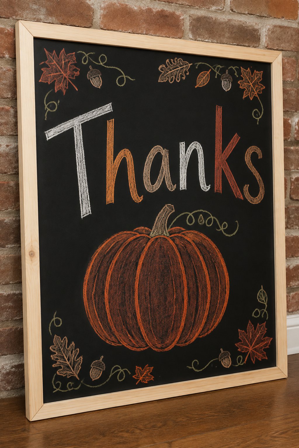 One Big Pumpkin: a framed chalkboard sign showing "Thanks", hand-drawn in fall chalk colors, with one large pumpkin drawn in the center, bigger than the word.