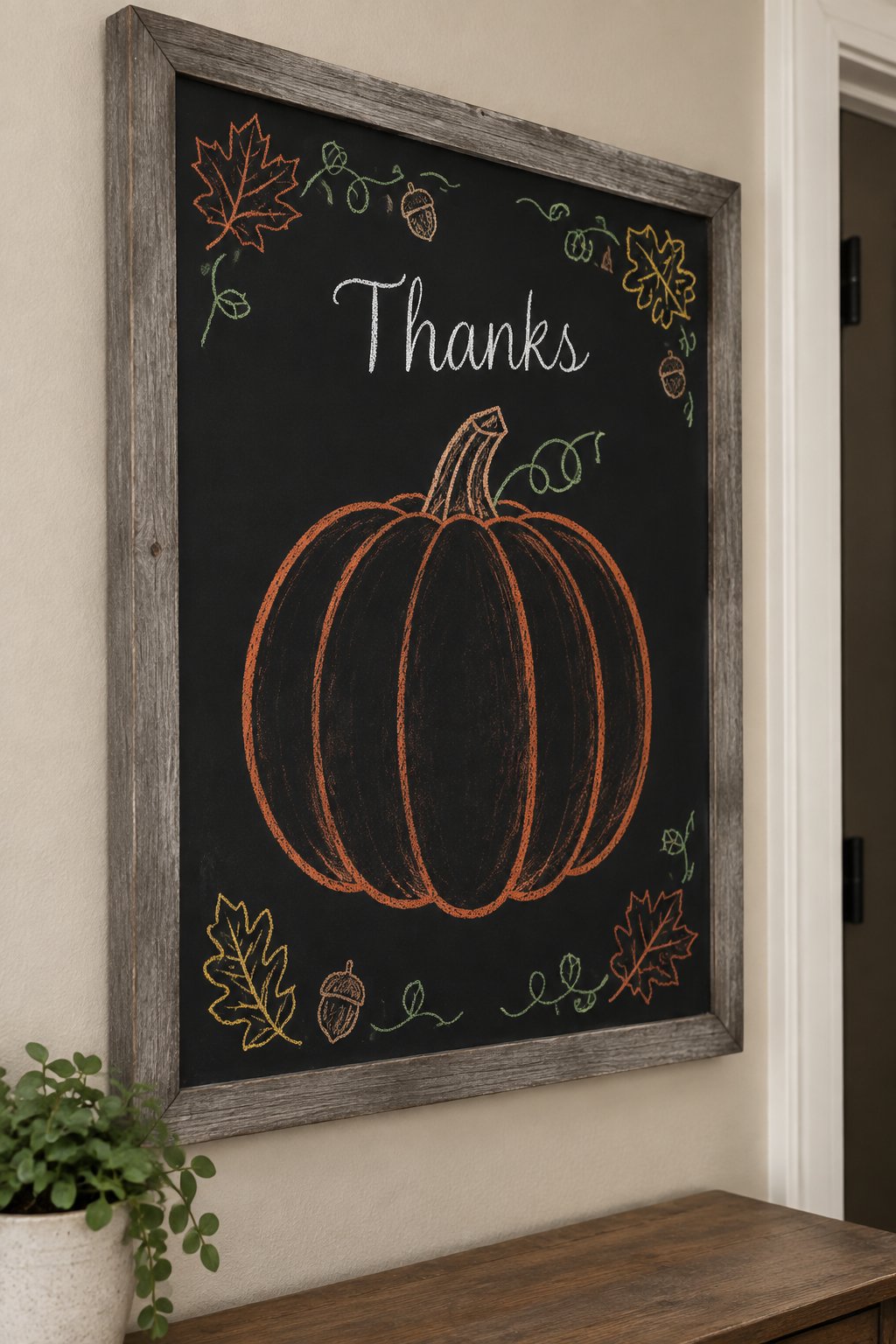 One Big Pumpkin: a framed Thanksgiving chalkboard sign reading "Thanks", hand-drawn in chalk with one large pumpkin drawn in the center, bigger than the word.