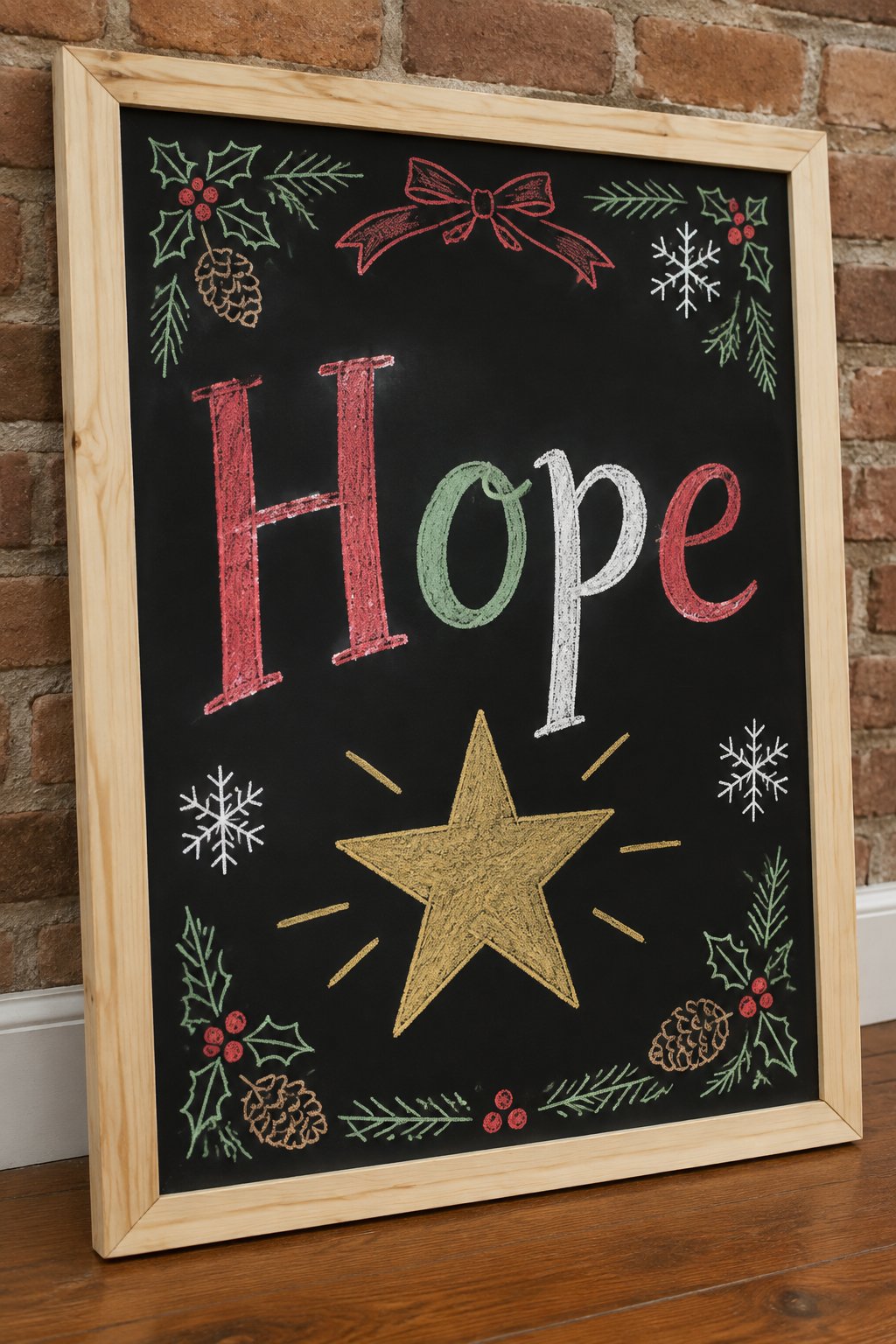 Hope and a Gold Star: a framed chalkboard sign showing "Hope" lettered large across the top in a mix of red, green and white chalk, with a single gold star drawn beneath it.